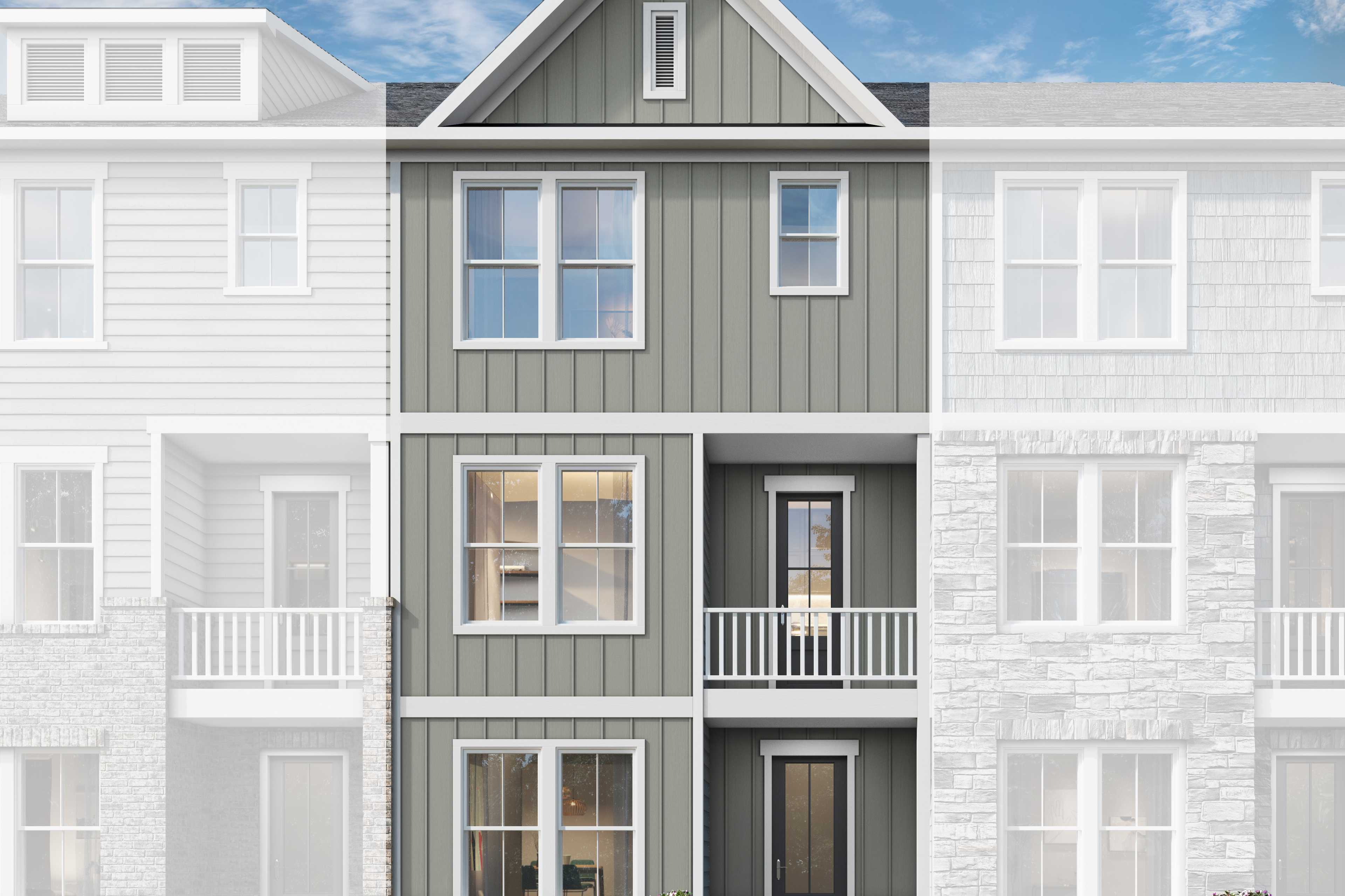 Modern 3-story The Porter B townhome elevation with gray siding, balcony, gabled roof, and landscaped yard in Woodstock GA