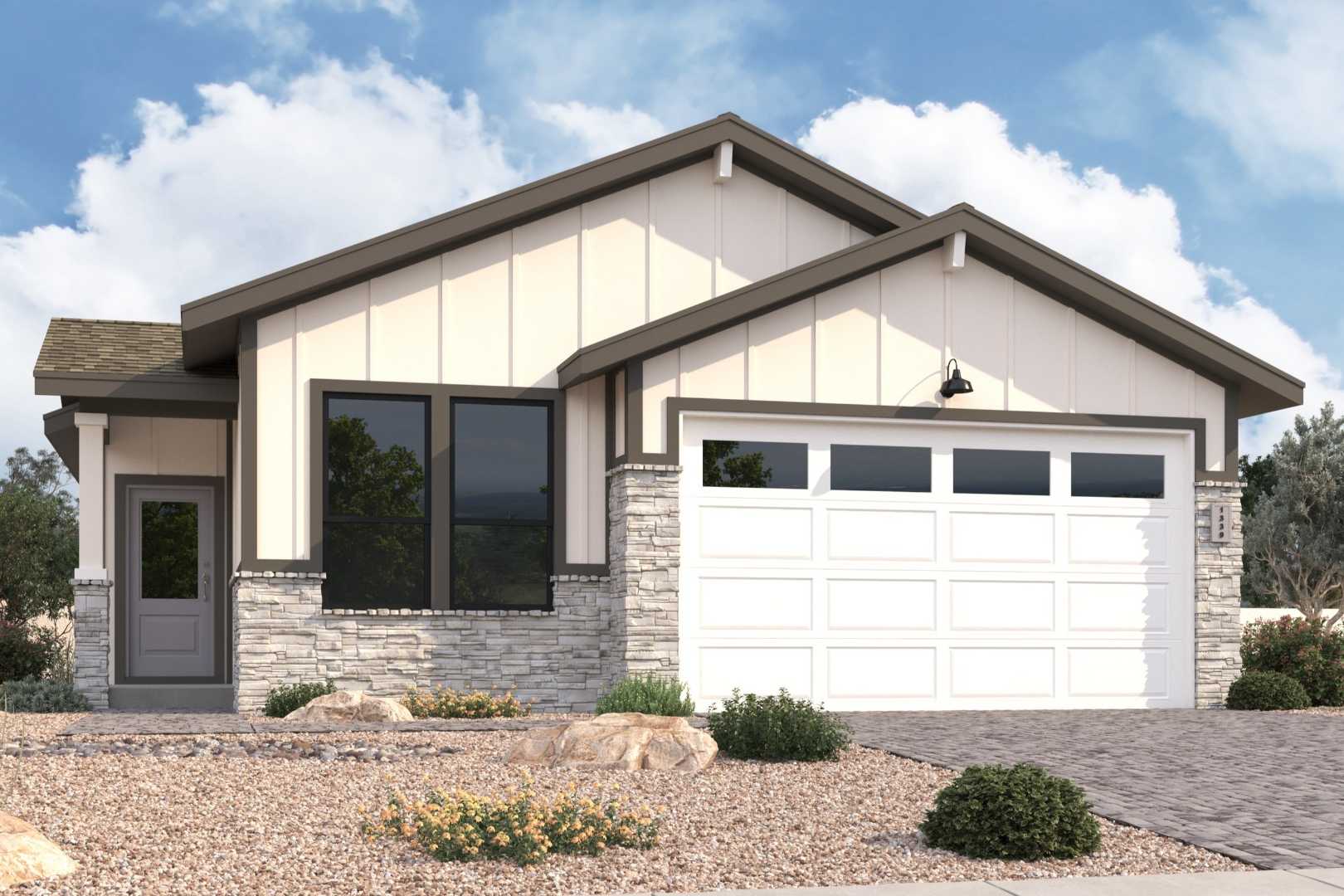 Single-story The Malibu B elevation featuring beige siding, stone accents, 2-car garage, and desert landscaping in Prescott, AZ
