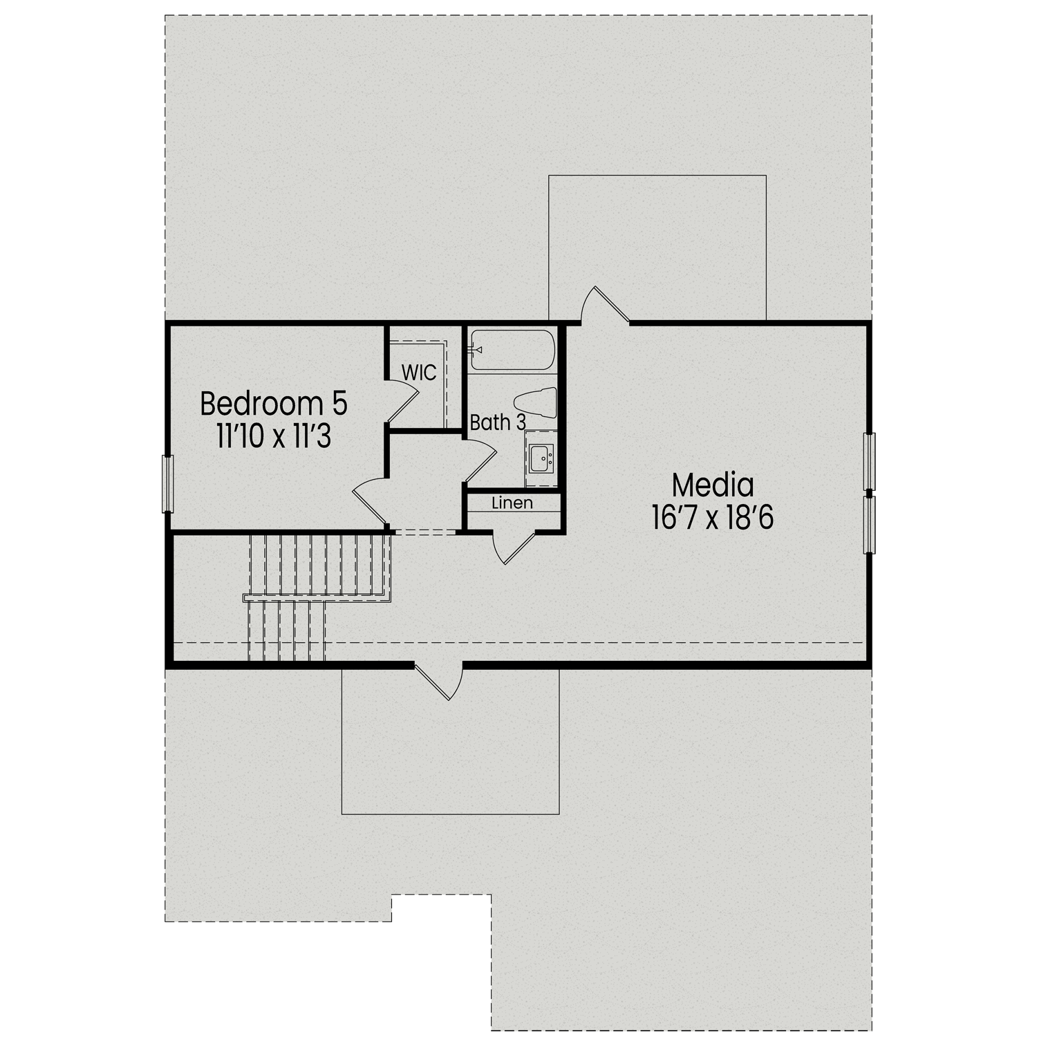 The Aspen B upper floor plan featuring Bedroom 5, media room, full bath, and linen closet