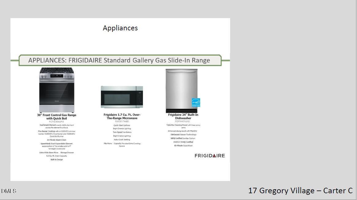 Frigidaire gallery gas slide-in range, stainless dishwasher, and microwave in Carter C kitchen, Gregory Village, Lillington NC
