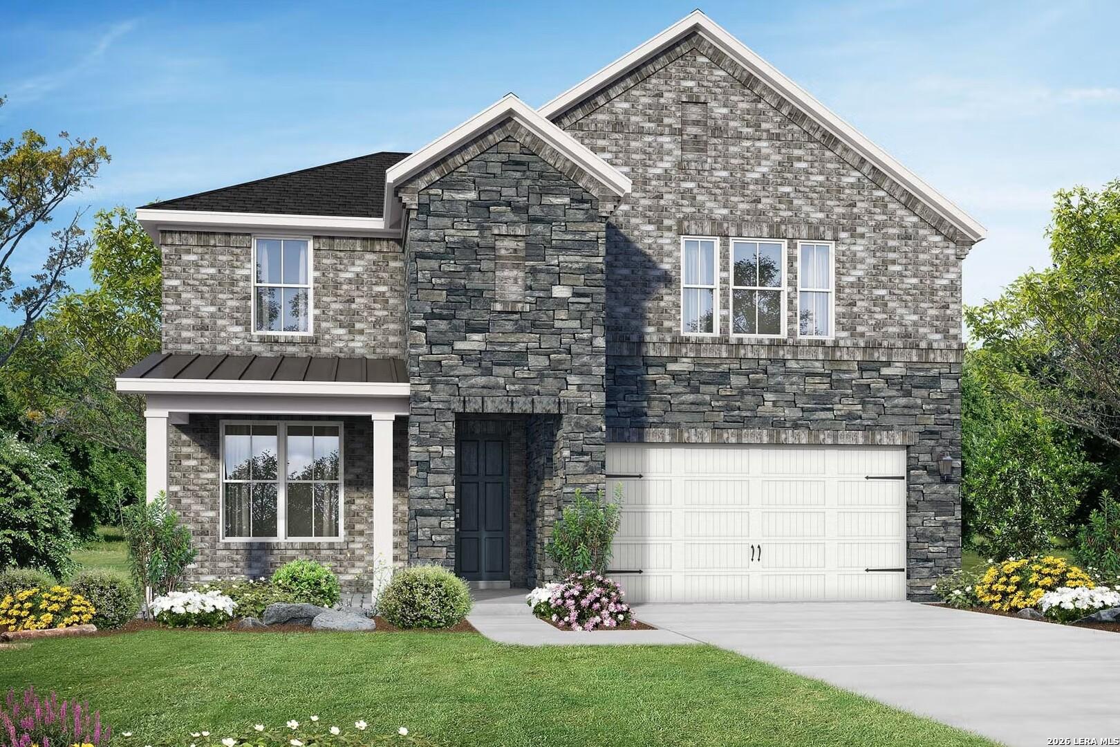 Two-story, 4-bedroom home with stone and brick facade in The Sequoia C floor plan by Davidson Homes in Royal Crest, Texas.