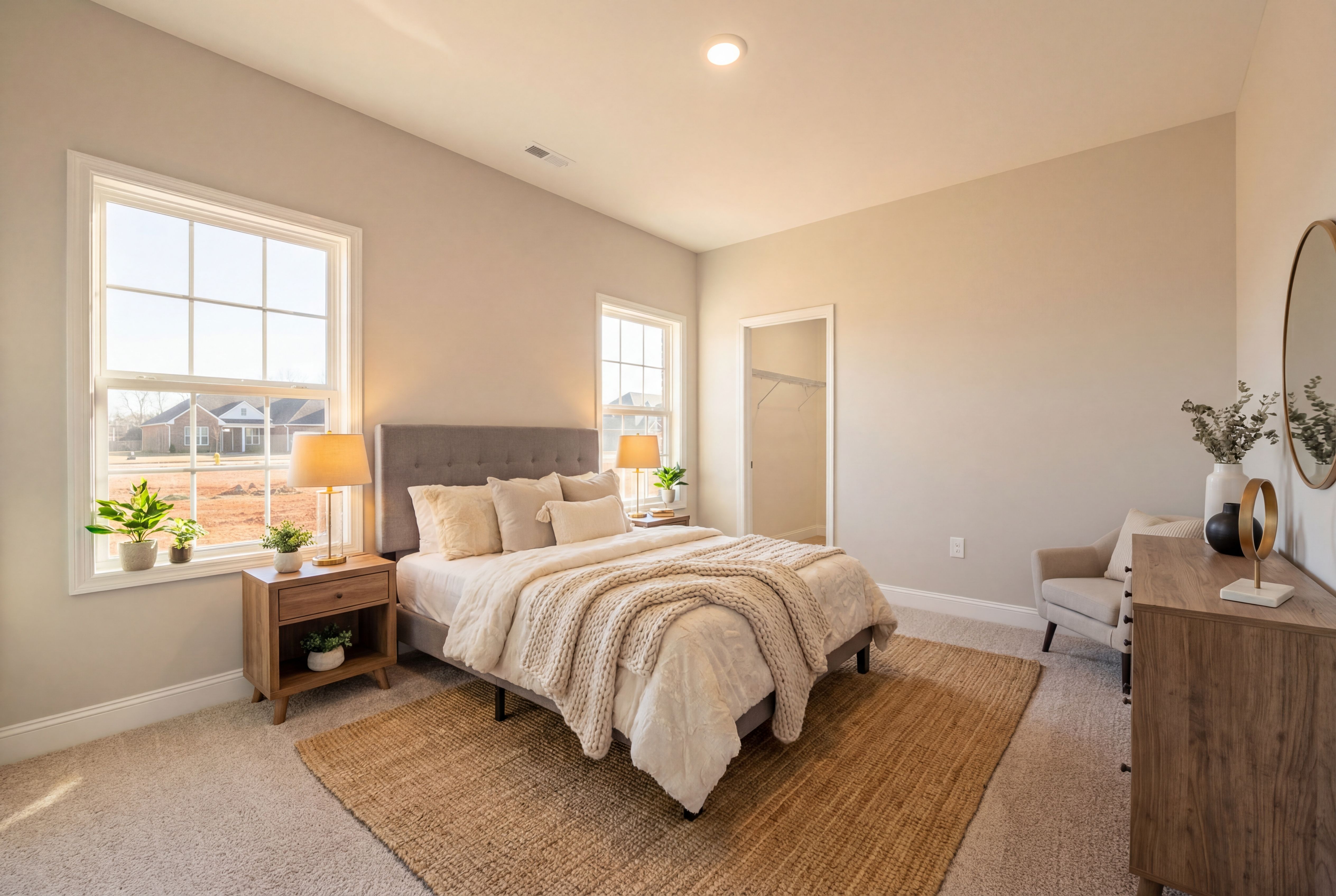 Spacious master bedroom in The Valencia featuring king bed with neutral bedding, beige walls, large windows, lamps, and wooden dresser