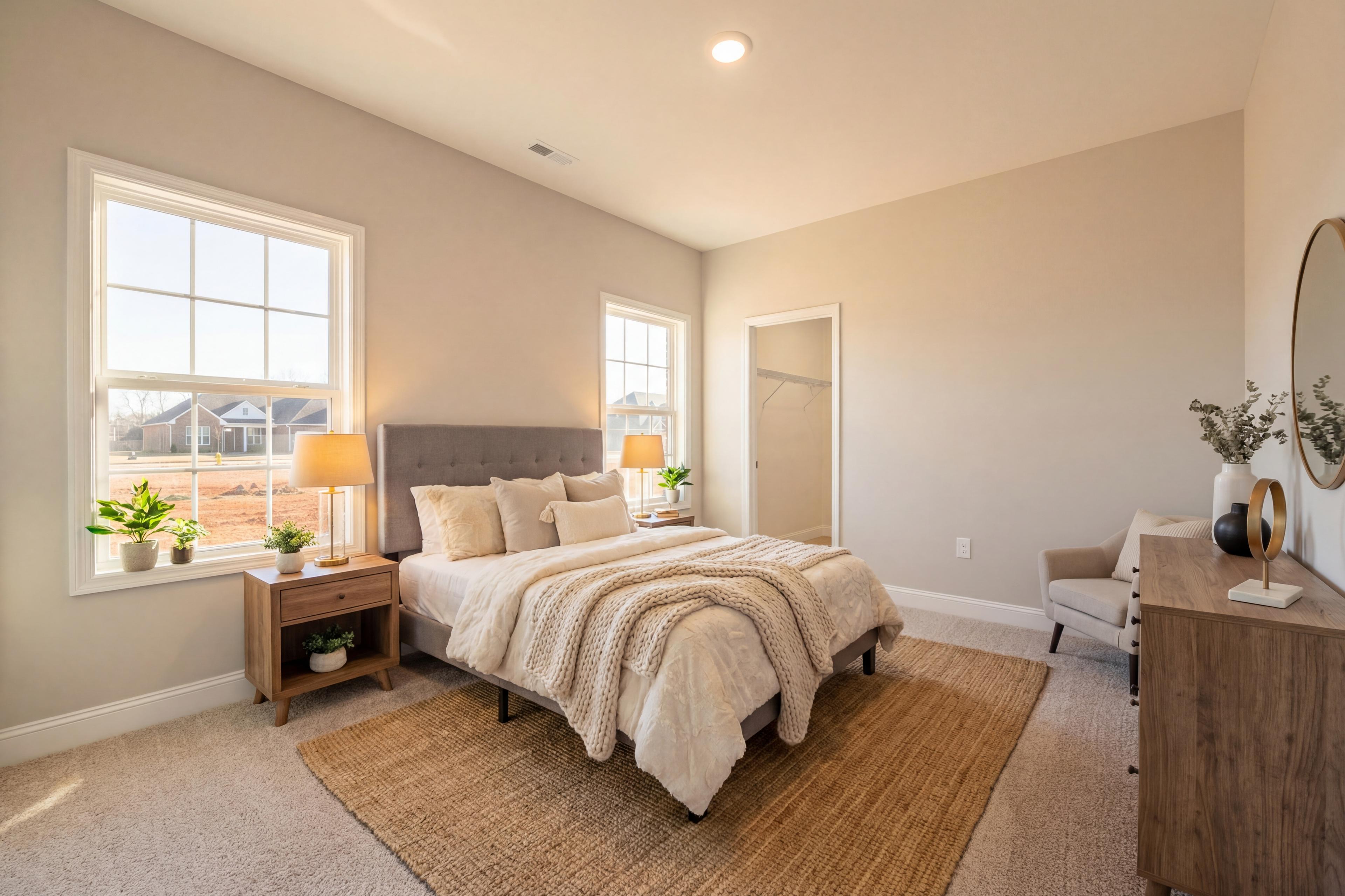 Spacious master bedroom in The Valencia featuring king bed with neutral bedding, beige walls, large windows, lamps, and wooden dresser