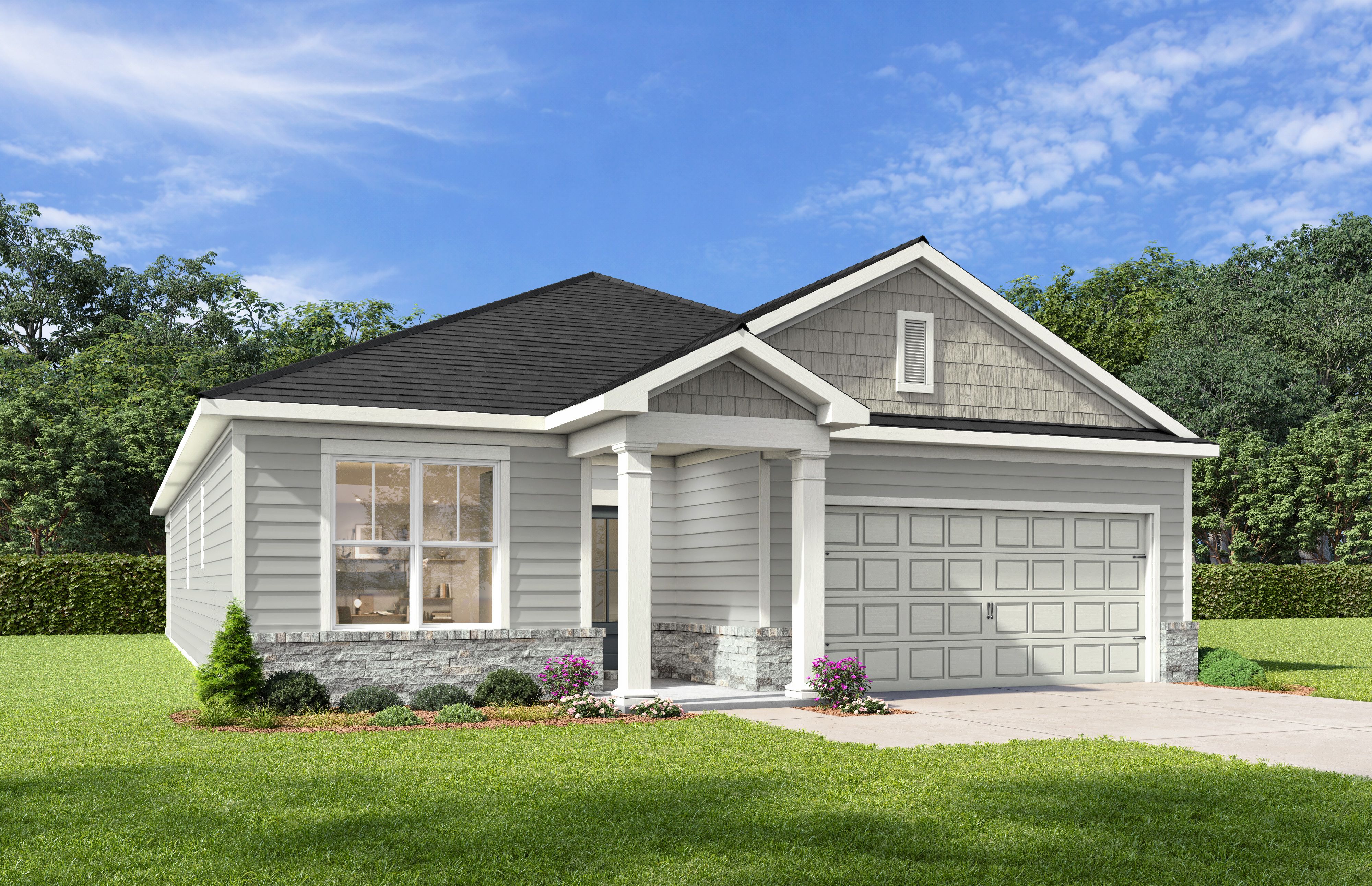 Modern single-story elevation of The Holly J showcasing gray shake siding, brick base, covered porch, and two-car garage with lush landscaping