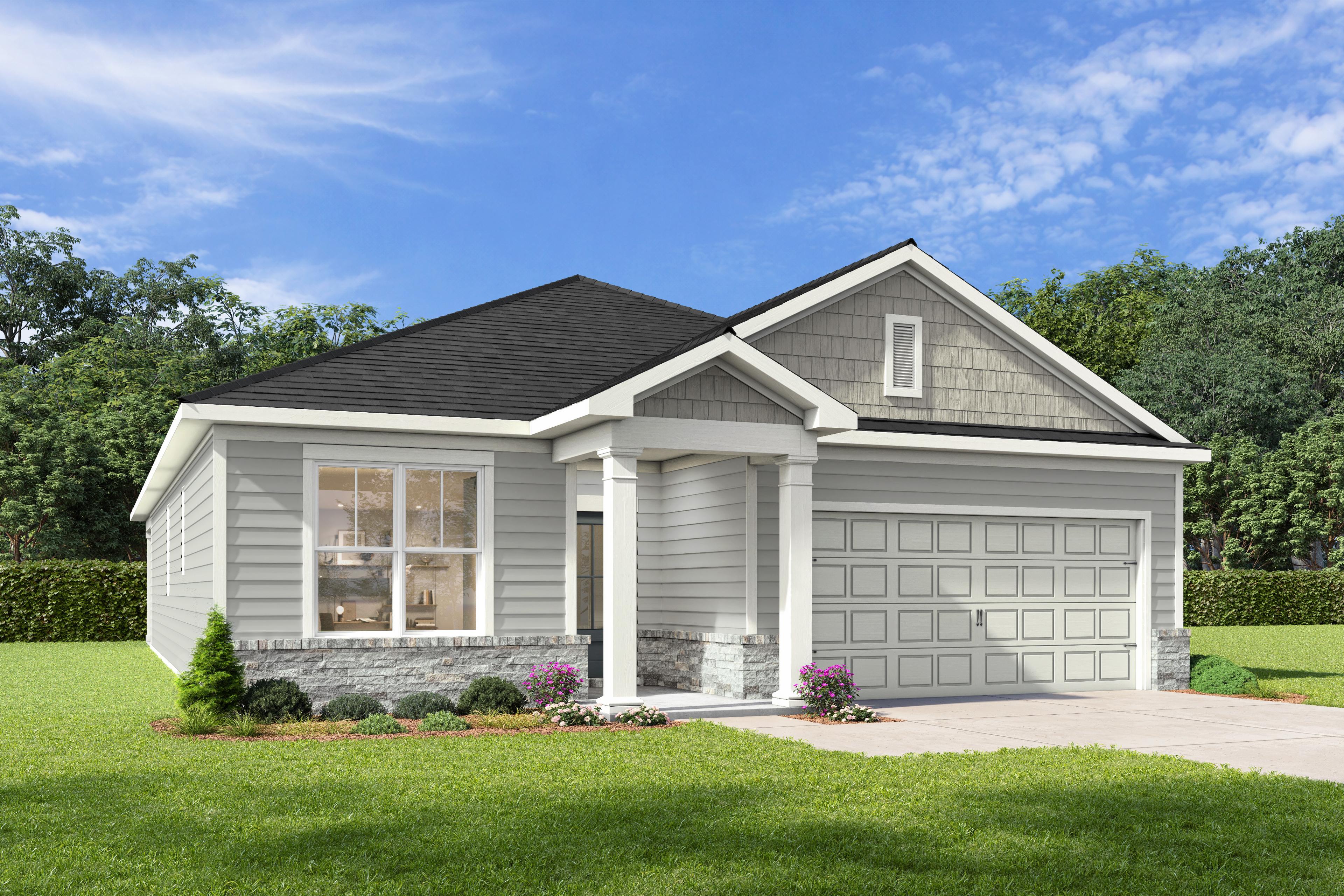 Modern single-story elevation of The Holly J showcasing gray shake siding, brick base, covered porch, and two-car garage with lush landscaping