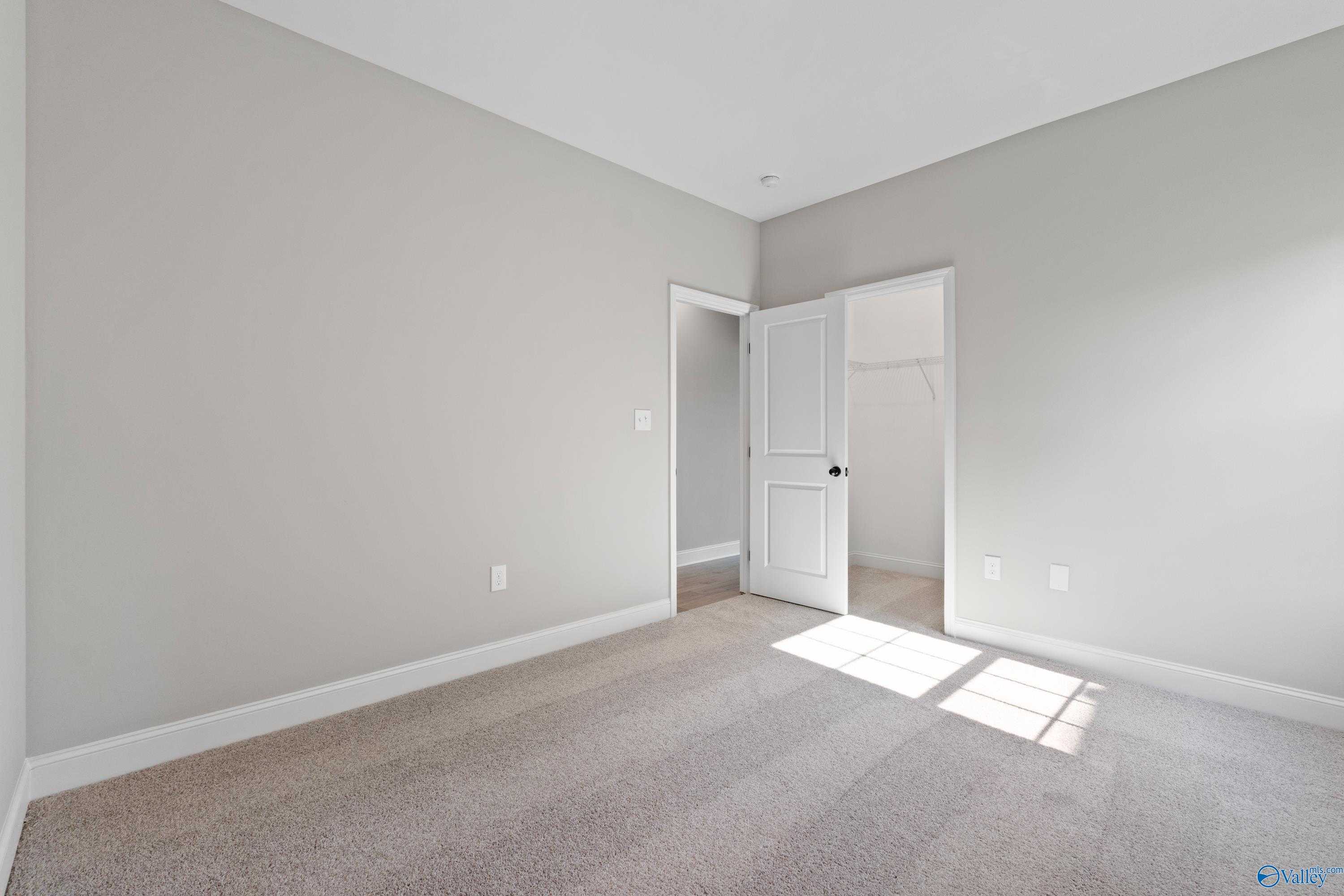 Bright bedroom with light gray walls, neutral carpet, and open walk-in closet in Davidson Homes The Rockford, Toney, Alabama