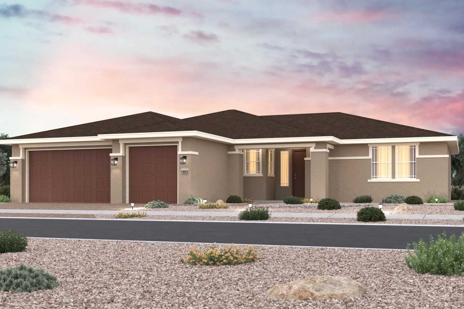 Contemporary single-story home exterior at Westwood in Prescott, Arizona with tan stucco, brown roof, and desert landscaping