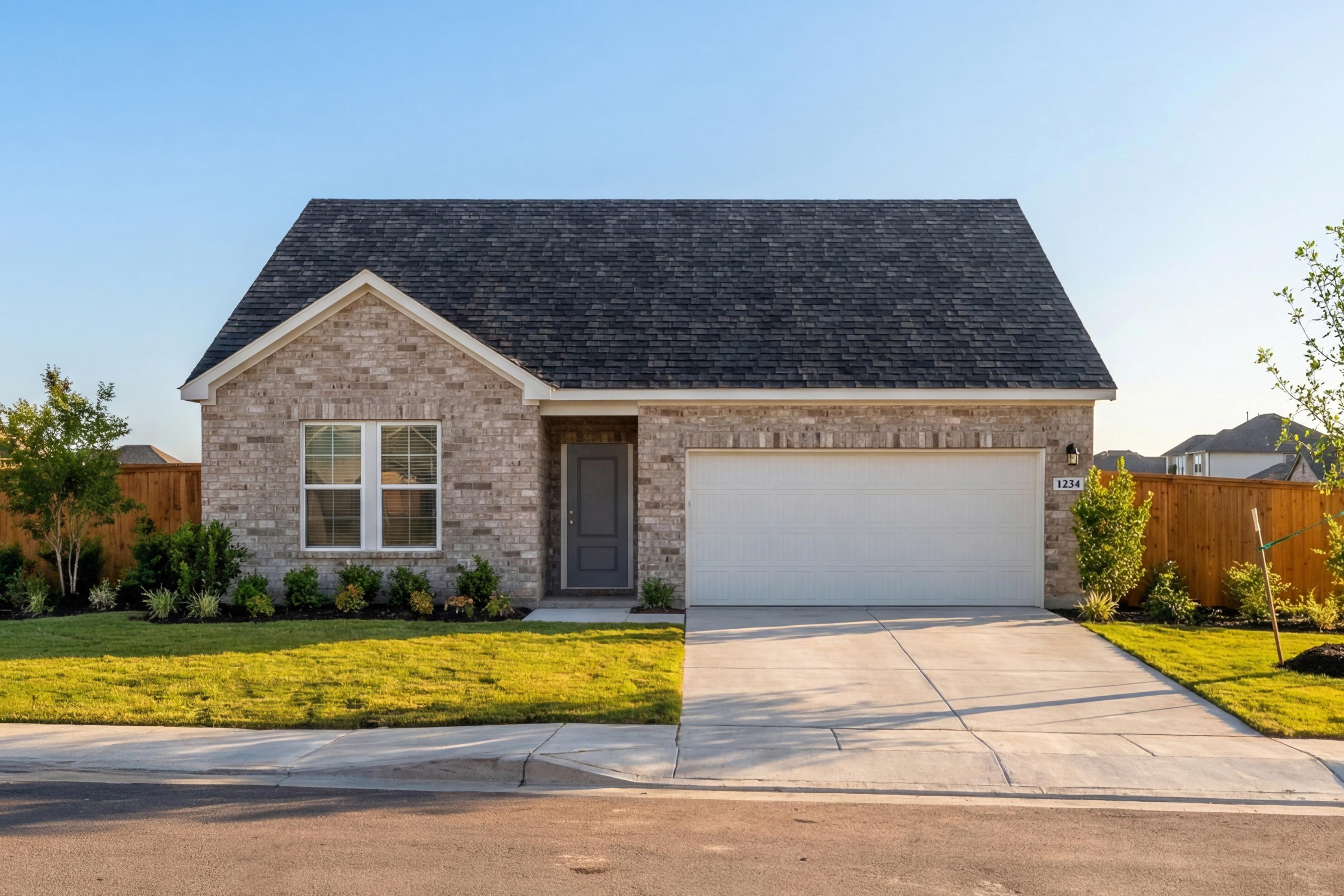 Redbud B single-story brick home elevation with 2-car garage, manicured lawn, and shrubs in Josephine, Texas