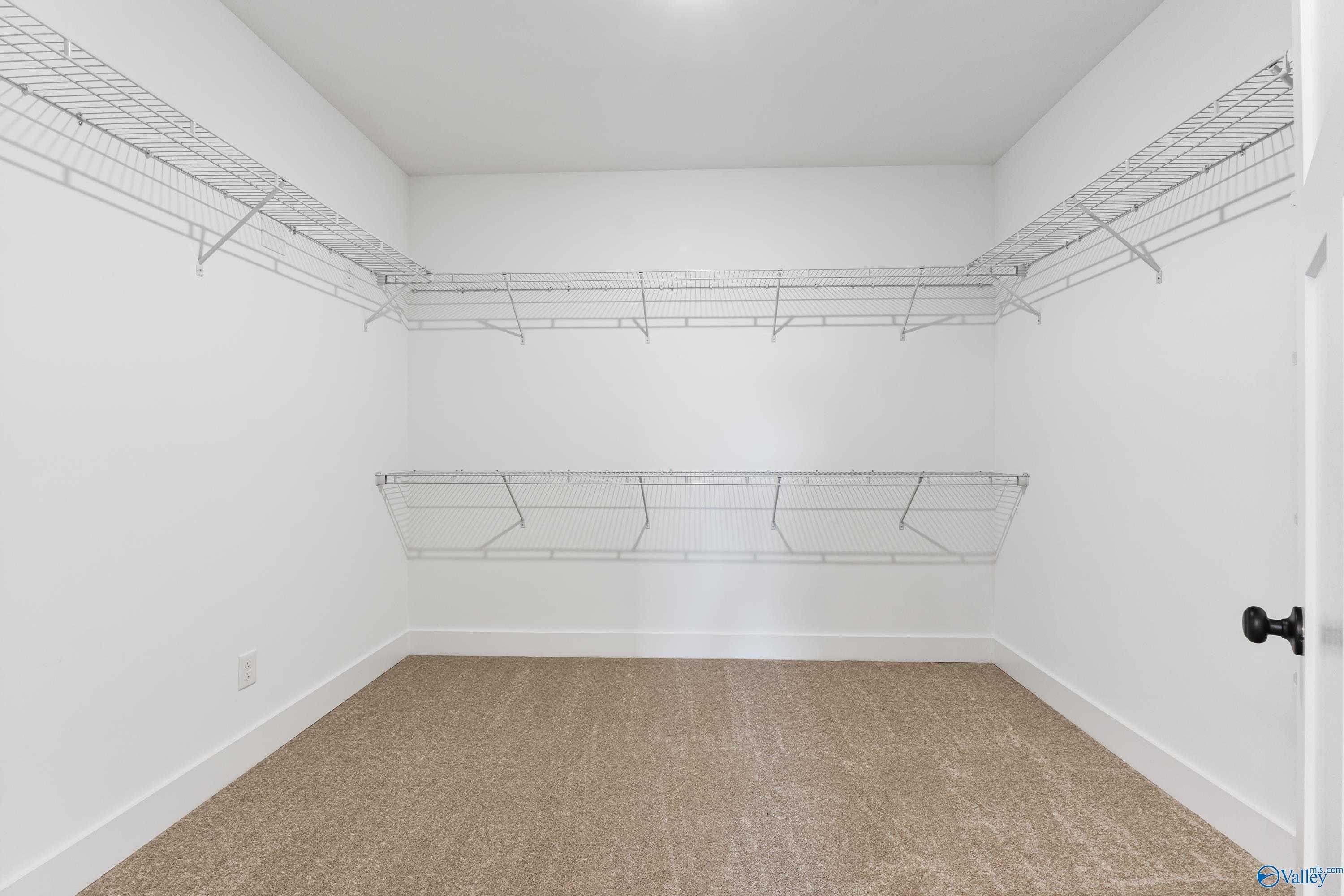 Spacious walk-in closet with white wire shelving and beige carpet in Davidson Homes The Arcadia, Riverton Preserve, Huntsville, AL