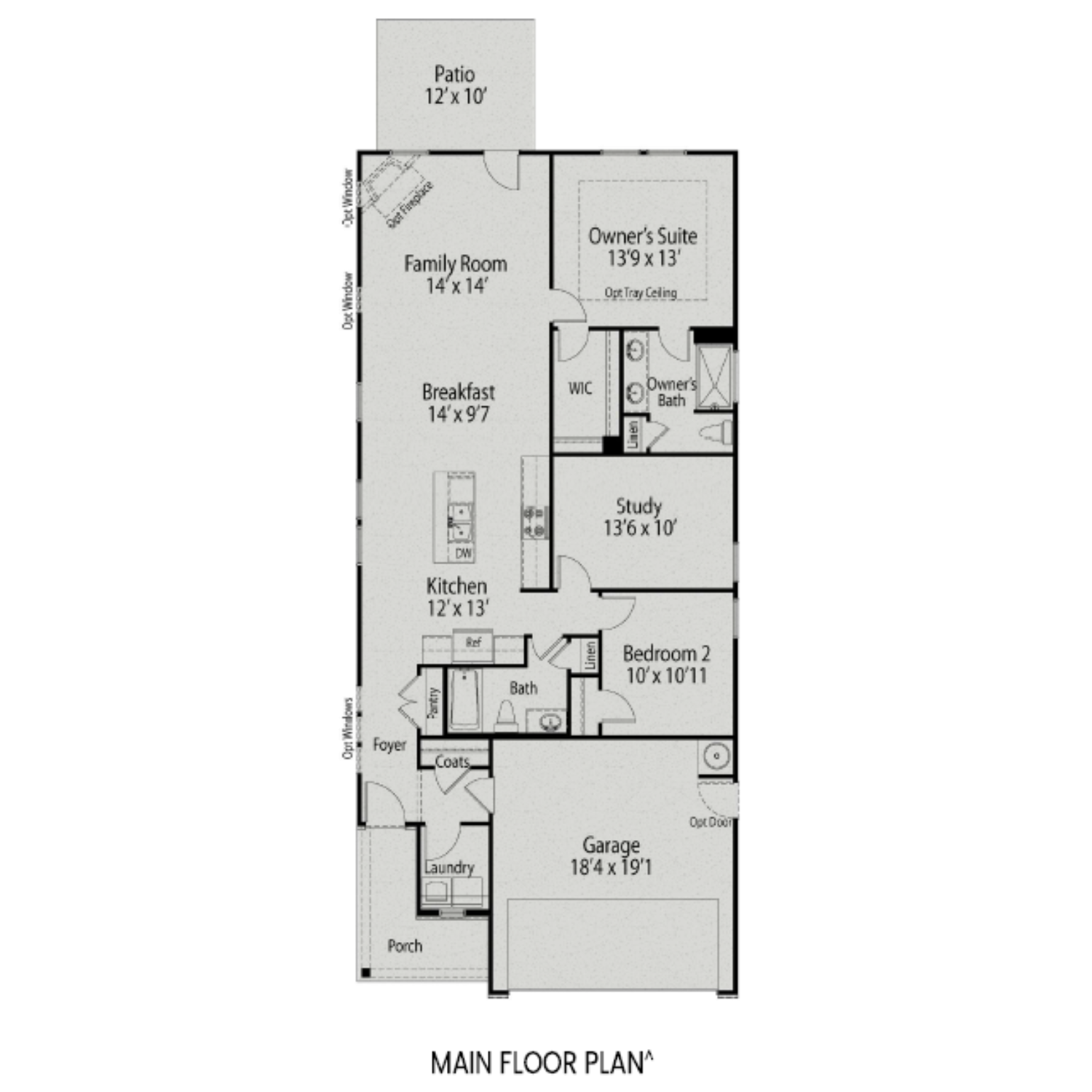 The Carter A main floor plan showcasing open-concept kitchen, family room, owner's suite, study, 2-car garage, and patio