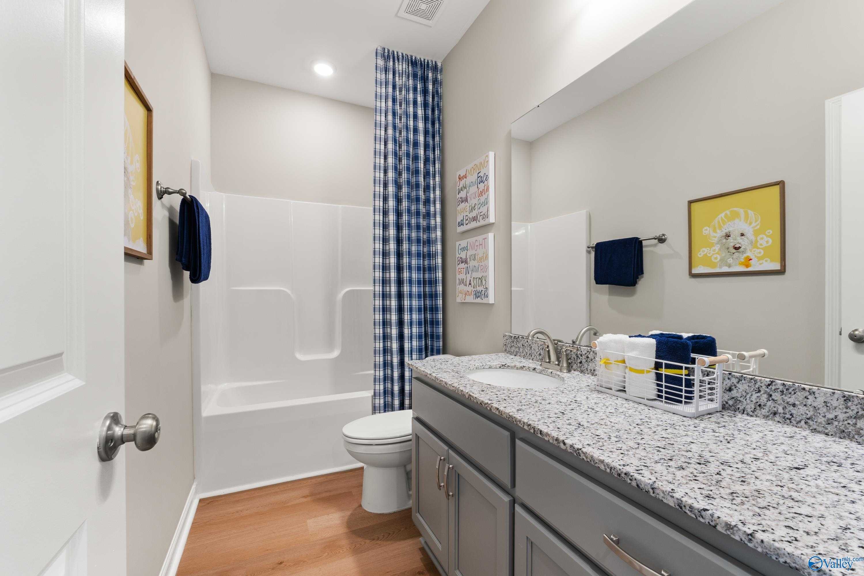 Modern bathroom with granite vanity, tub-shower combo, blue striped curtain, and gray cabinets in Davidson Homes The Sanctuary, Athens AL