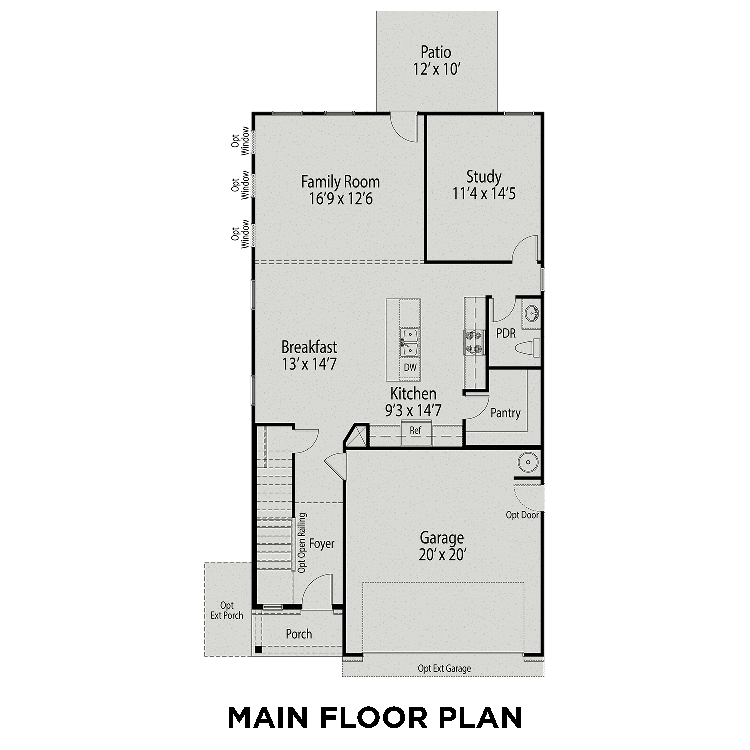 Main floor plan of The Adalynn B showcasing open family room, study, gourmet kitchen, breakfast area, and 2-car garage