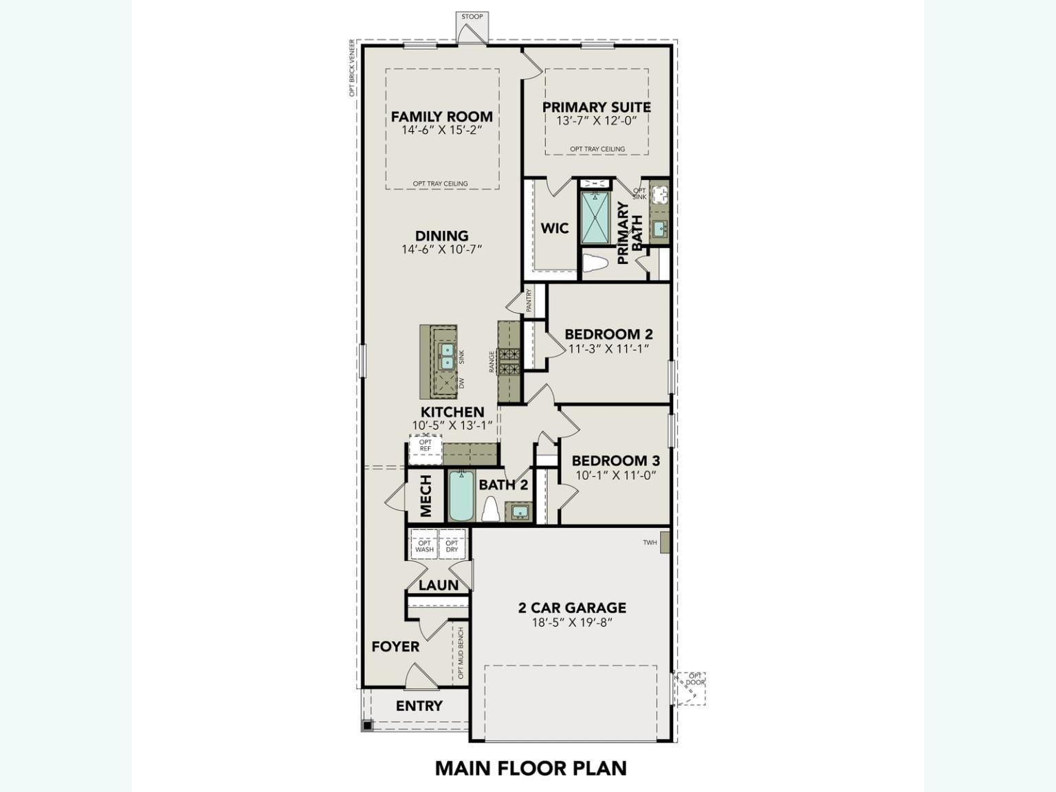 The Frio F floor plan: 3-bedroom, 2-bath, 1,459 sq ft 1-story layout with open kitchen, family room, and 3-car garage in Magnolia, Texas