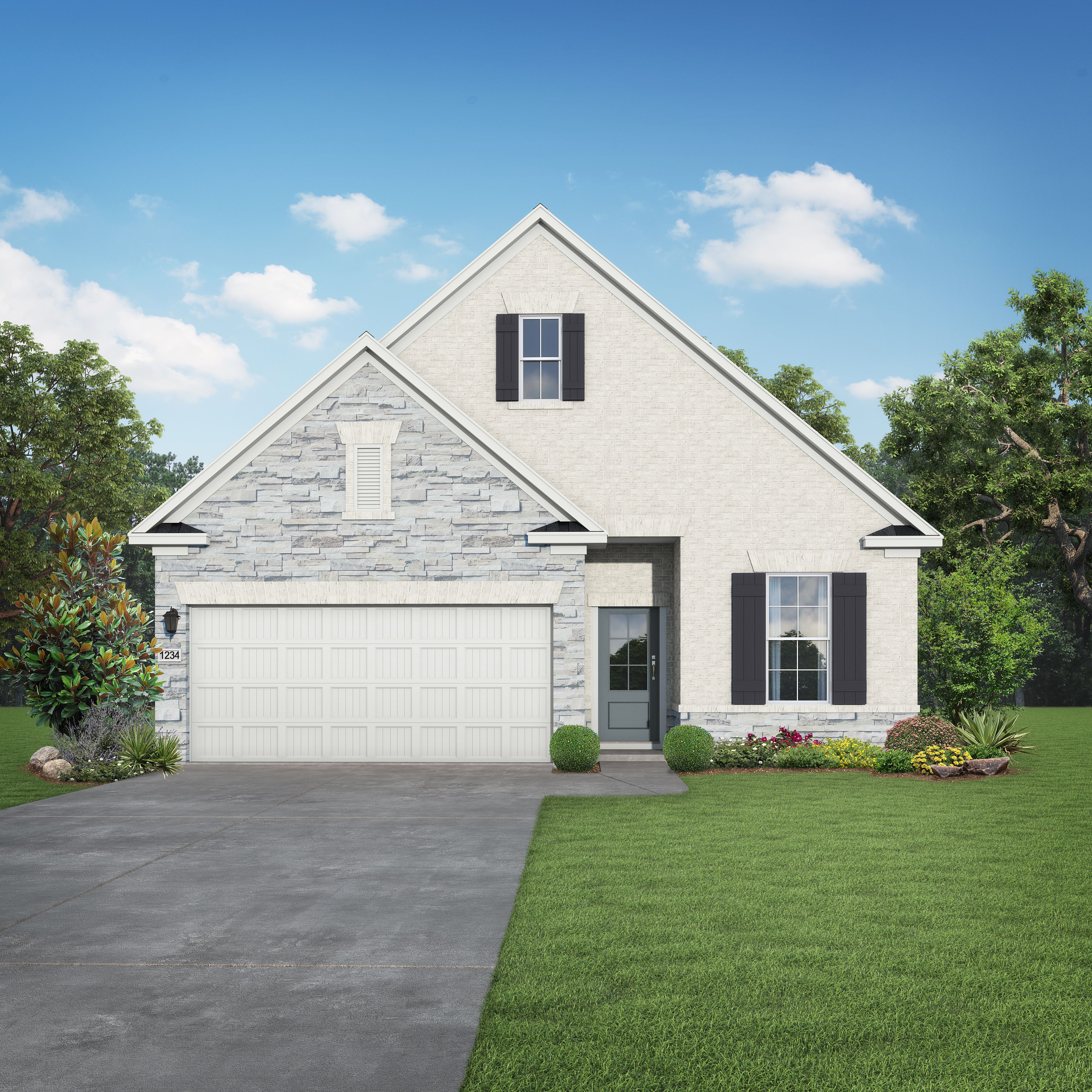 Modern single-story elevation of The Luna L with white siding, gray stone accents, two-car garage, and landscaped front yard in Katy Texas
