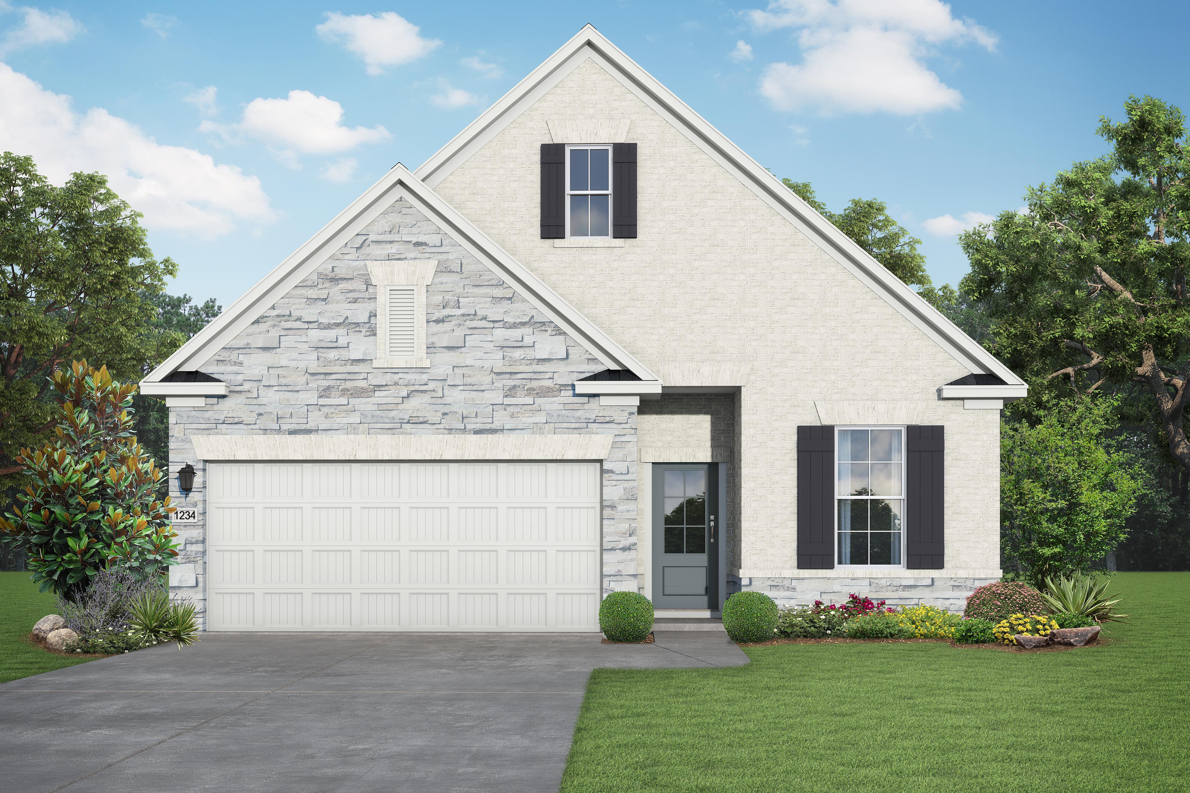 Modern single-story elevation of The Luna L with white siding, gray stone accents, two-car garage, and landscaped front yard in Katy Texas