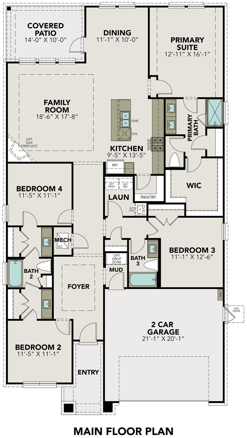 Main floor plan of The Acadia A: 4-bed, 3-bath, 2,153 sq ft 1-story home with 3-car garage by Davidson Homes in Lago Mar, Texas City