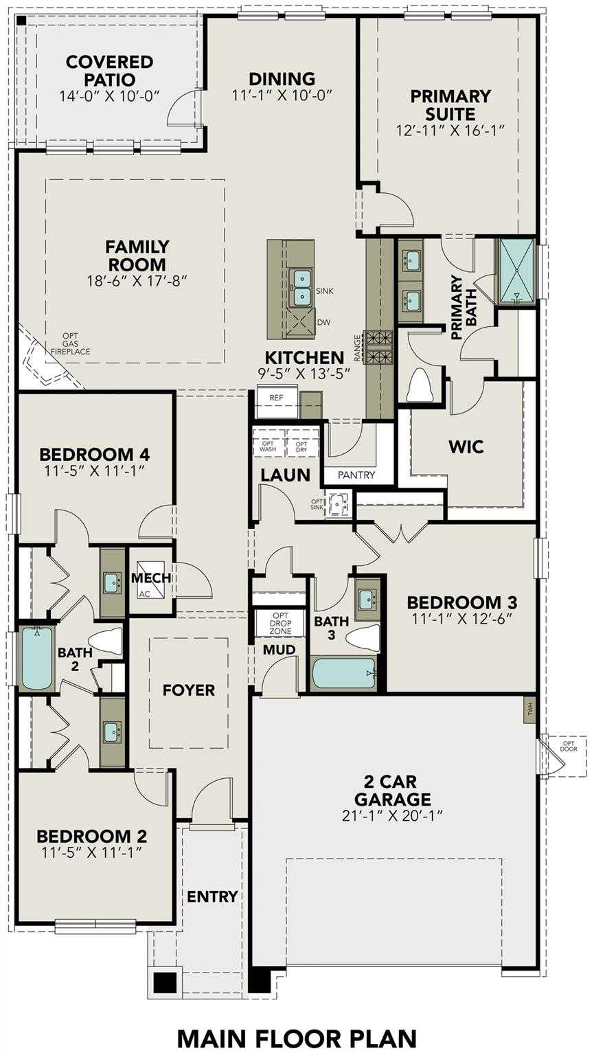 Detailed floor plan of The Acadia A: 4-bed, 3-bath, 2,153 sq ft 1-story home with open kitchen, family room, primary suite, and 3-car garage in Lago Mar, Texas City
