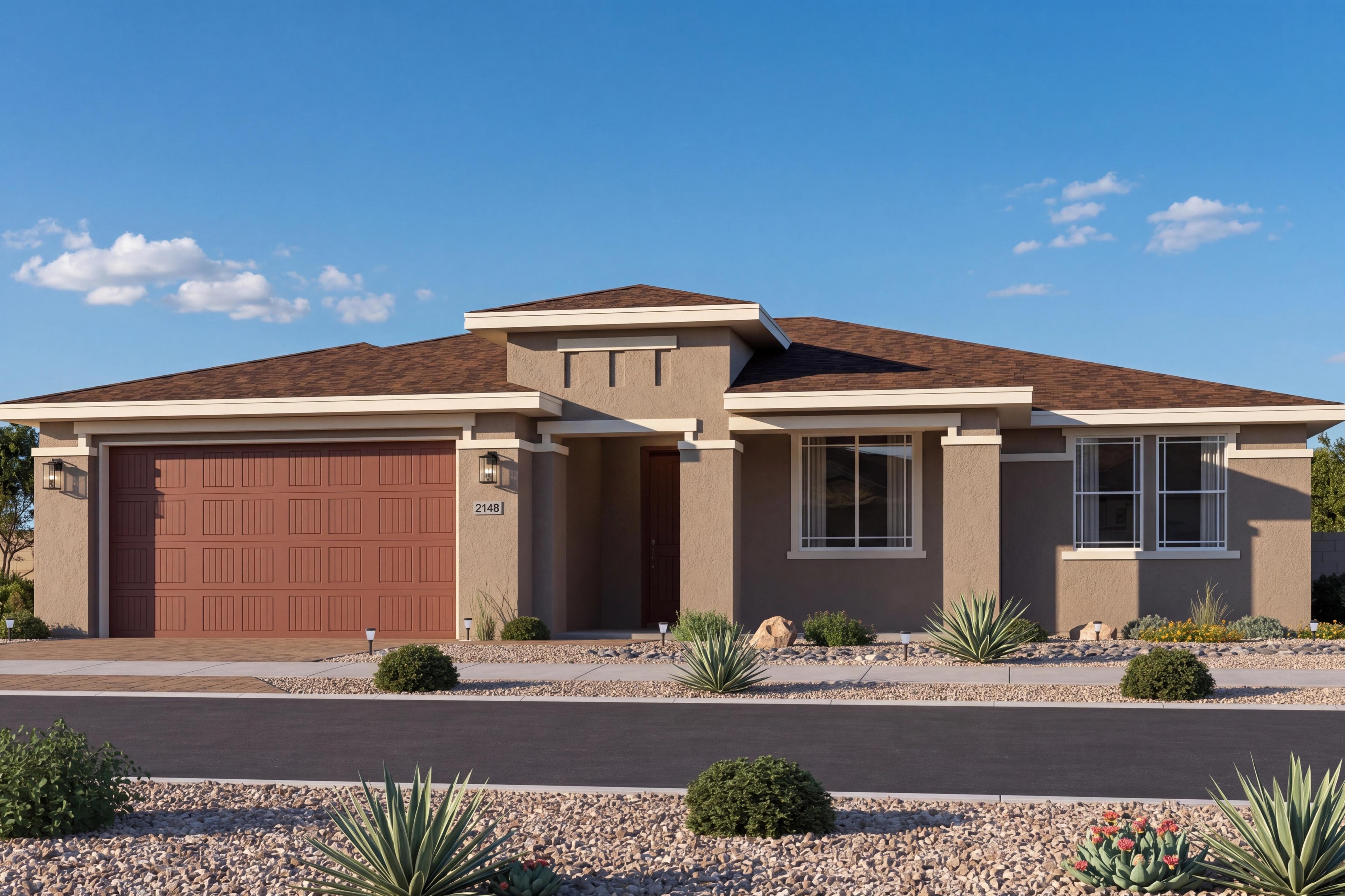 Modern stucco exterior of The Summit C in Prescott Valley featuring a 3-car garage and single-story design.