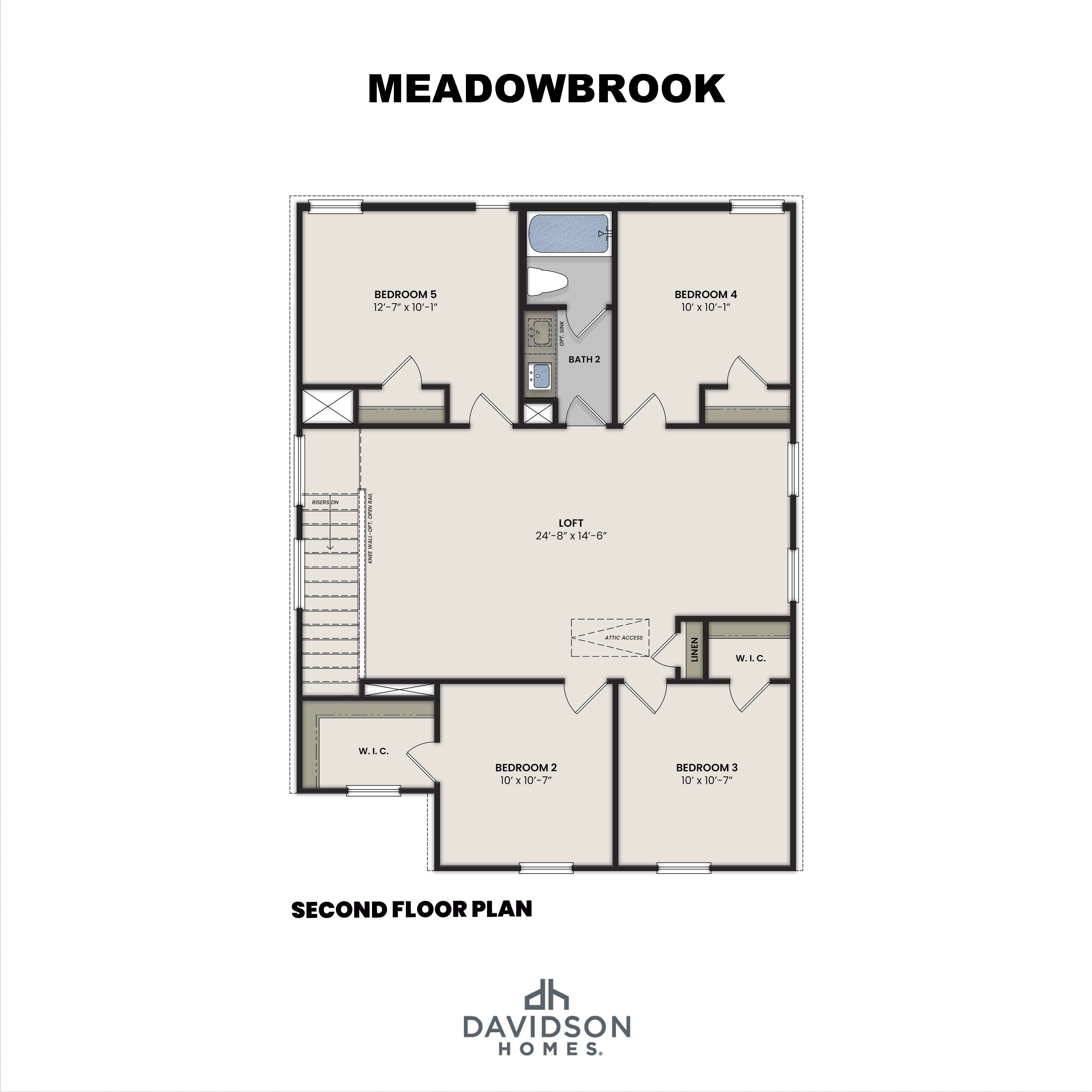 Second floor layout of The Meadowbrook A featuring central loft, bedrooms 2-4, full bath, and WIC in Davidson Homes design