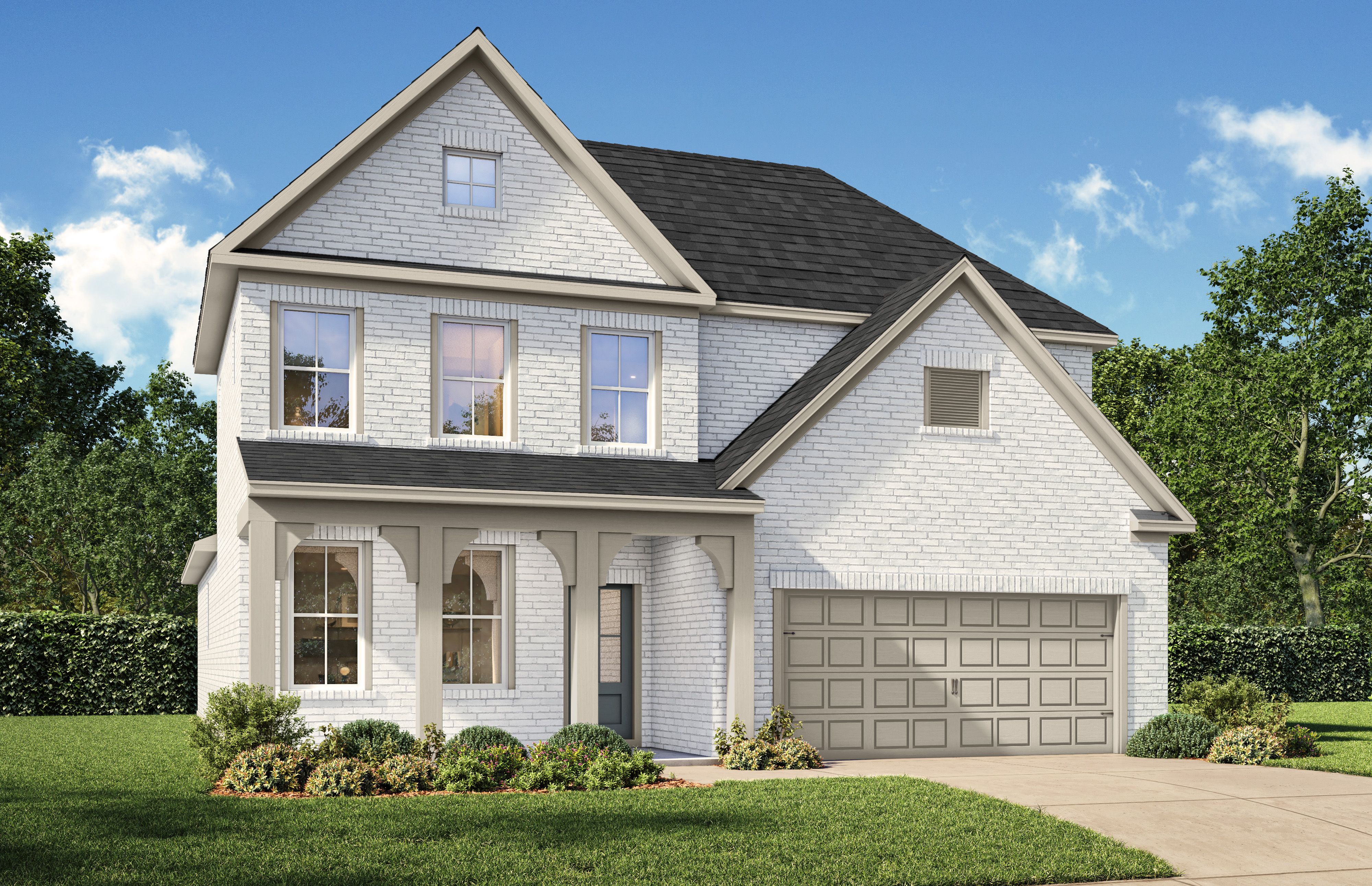 Modern brick exterior of The Ashport 2-story home with 2-car garage, covered porch, and lush landscaping
