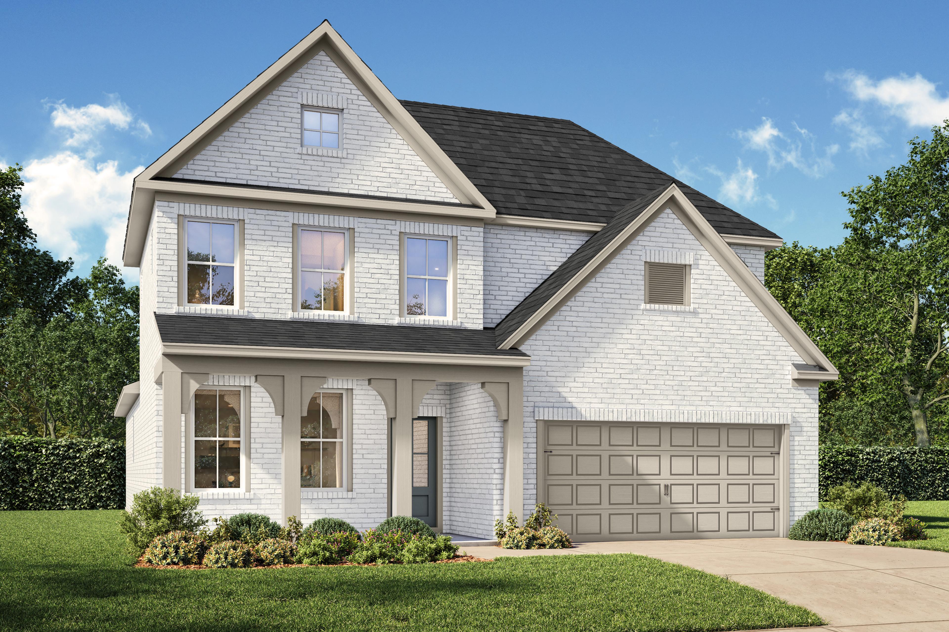 Modern brick exterior of The Ashport 2-story home with 2-car garage, covered porch, and lush landscaping