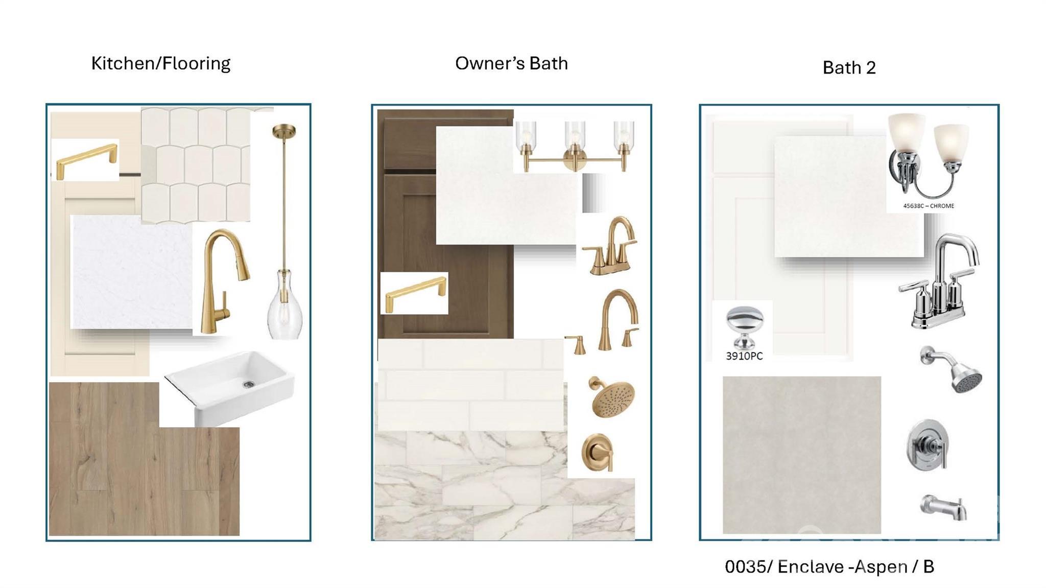 Design selections for kitchen, owner's bath, and bath 2 in Davidson Homes Aspen B floor plan at Enclave at Belmont, NC