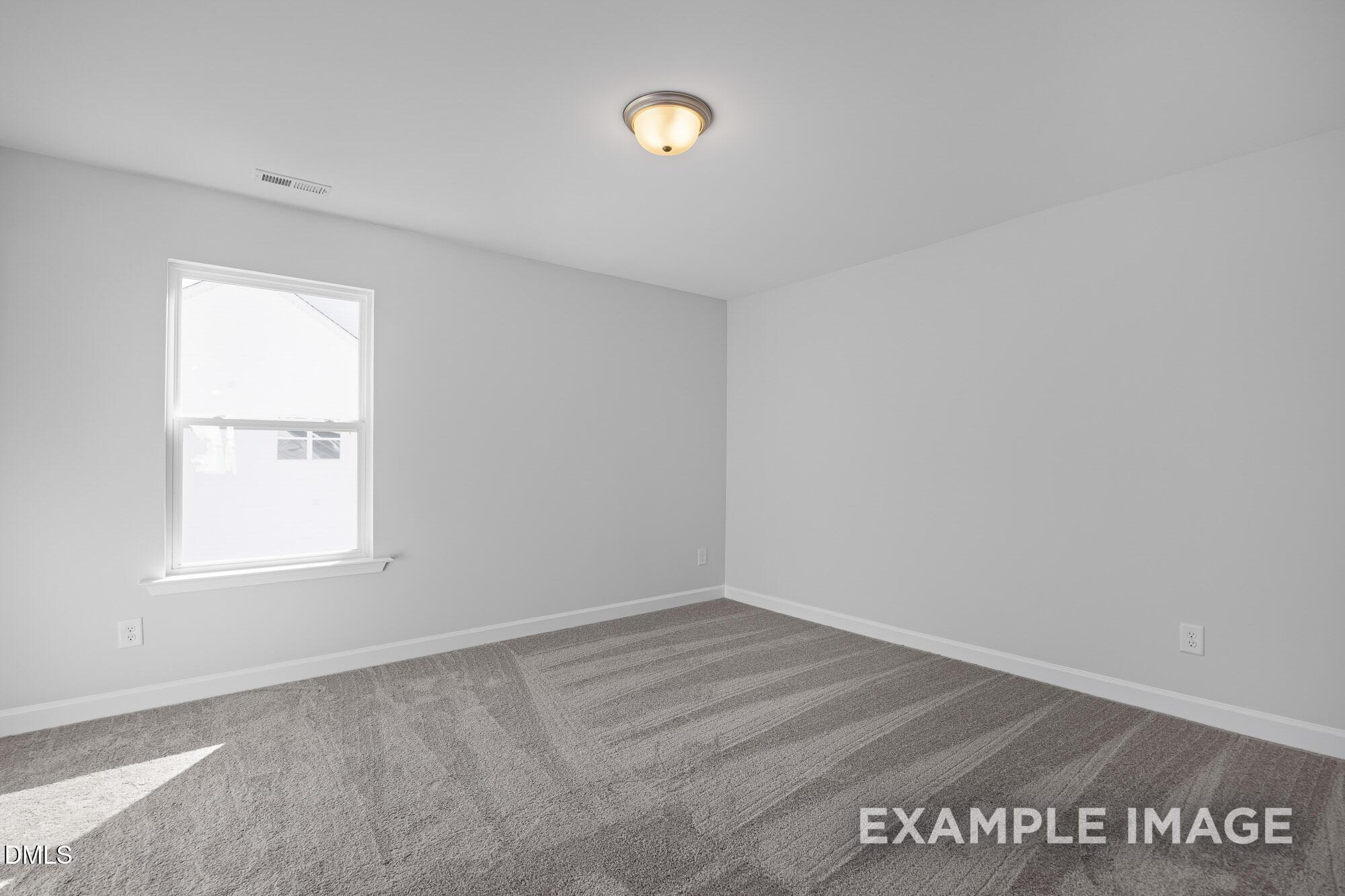 Empty bedroom featuring gray walls, carpet flooring, window, and ceiling light in Davidson Homes The Cypress B II, Angier, NC