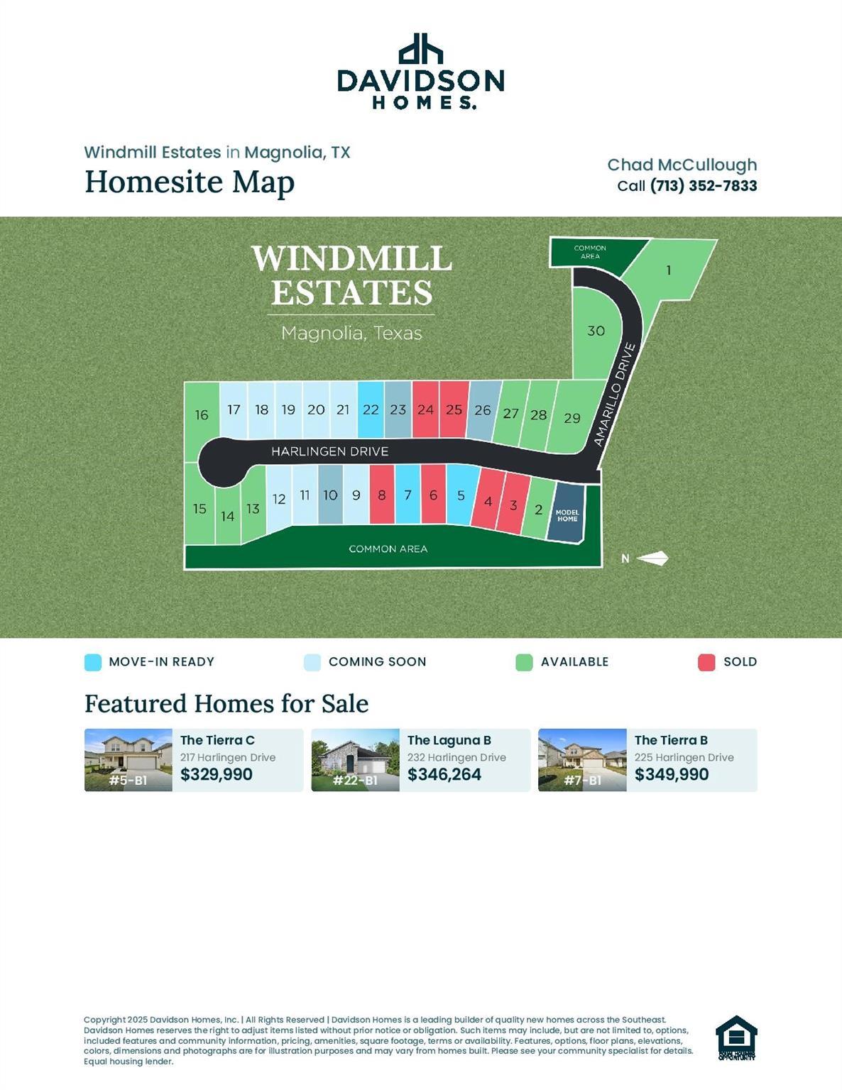 Windmill Estates community map in Magnolia, Texas by Davidson Homes, showing available lots, sold homes, and The Laguna B for sale