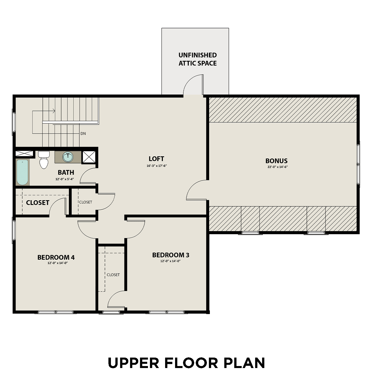 Upper floor plan of The Hathaway showcasing bedrooms 3 and 4, loft, bonus room, full bath, and attic space
