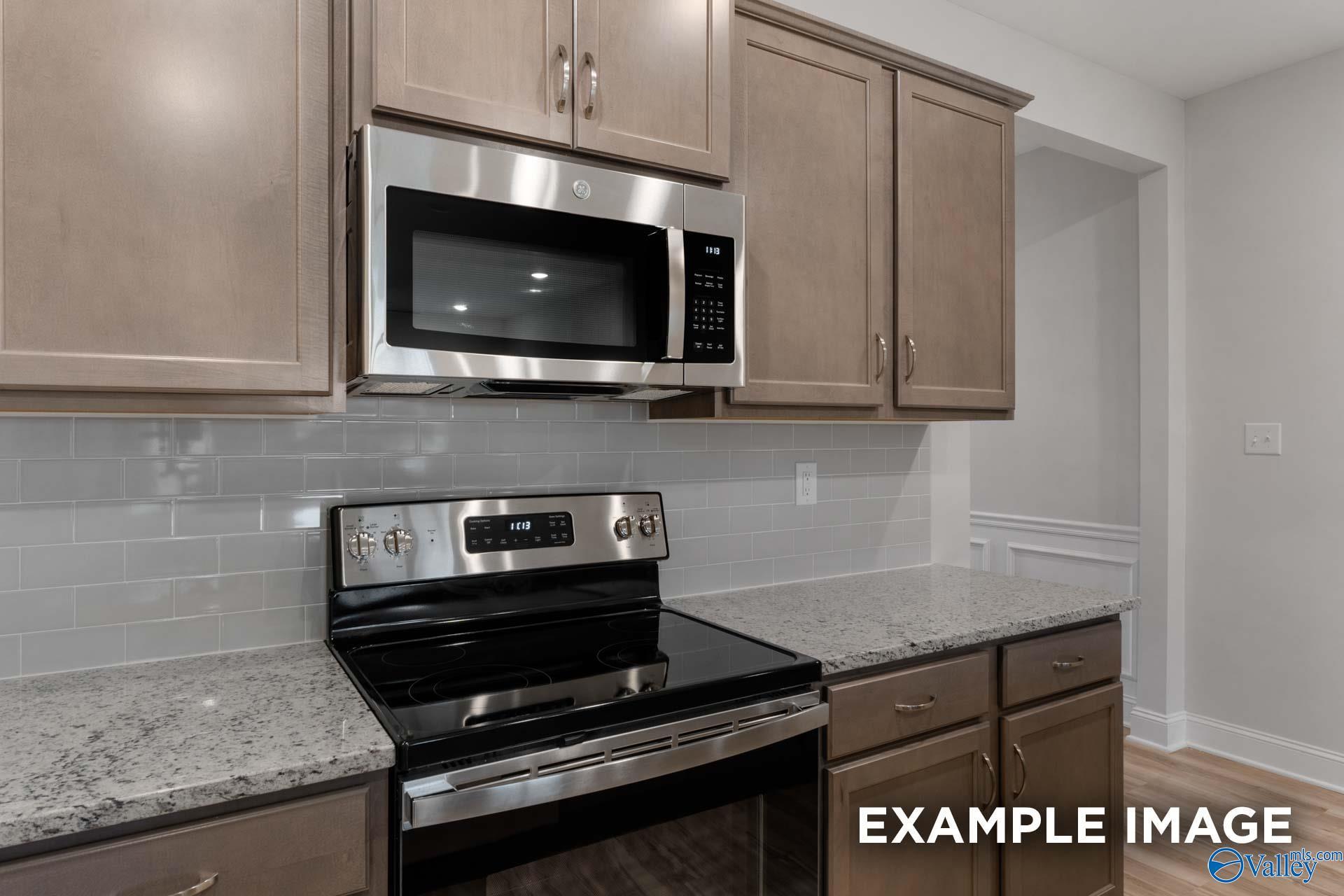Modern kitchen with granite countertops, stainless steel microwave and range, shaker cabinets in Davidson Homes The Cumberland B, Decatur, AL