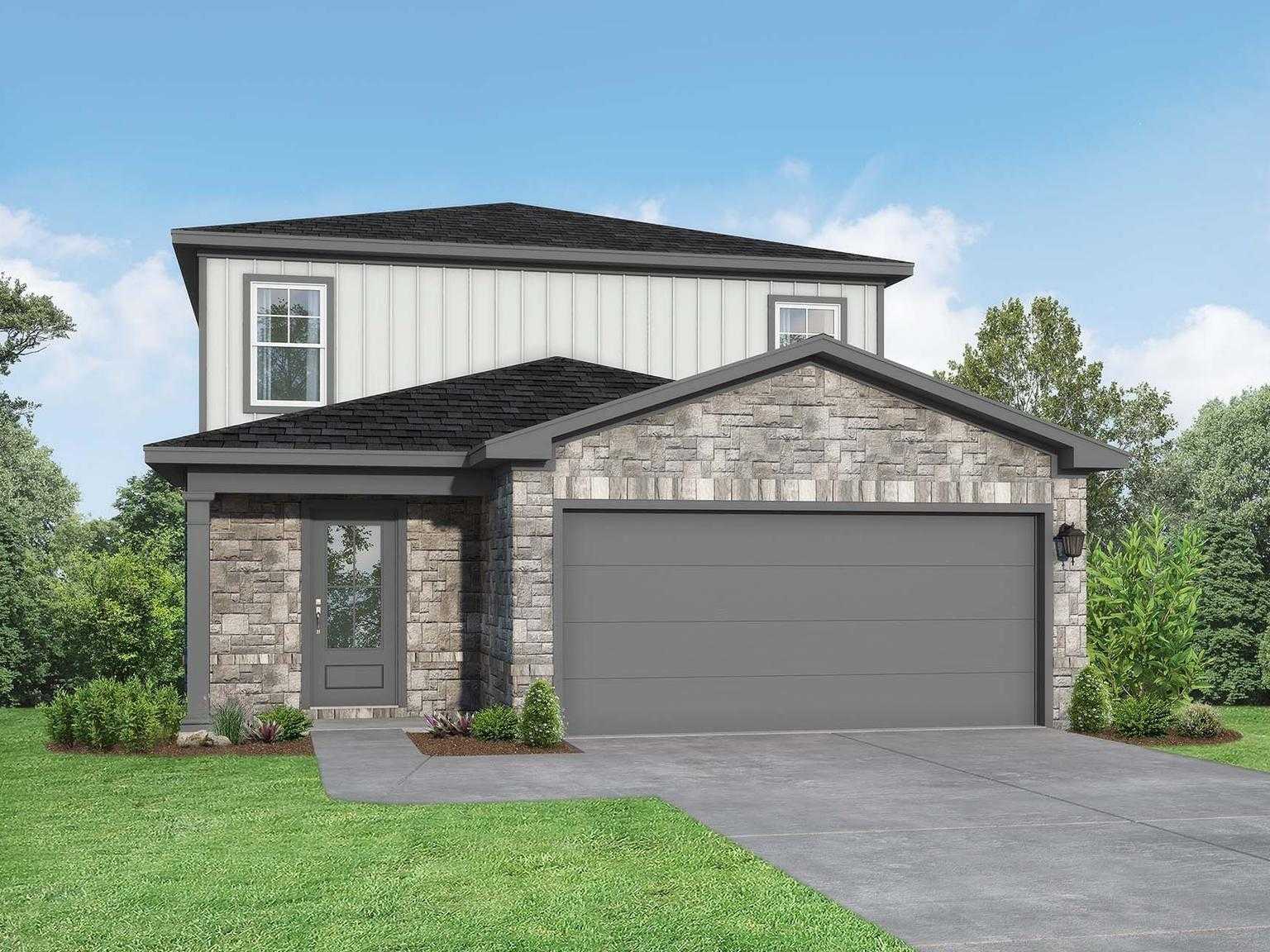 Modern two-story San Marcos E home with stone accents, two-car garage, and driveway in Emberly, Beasley, Texas