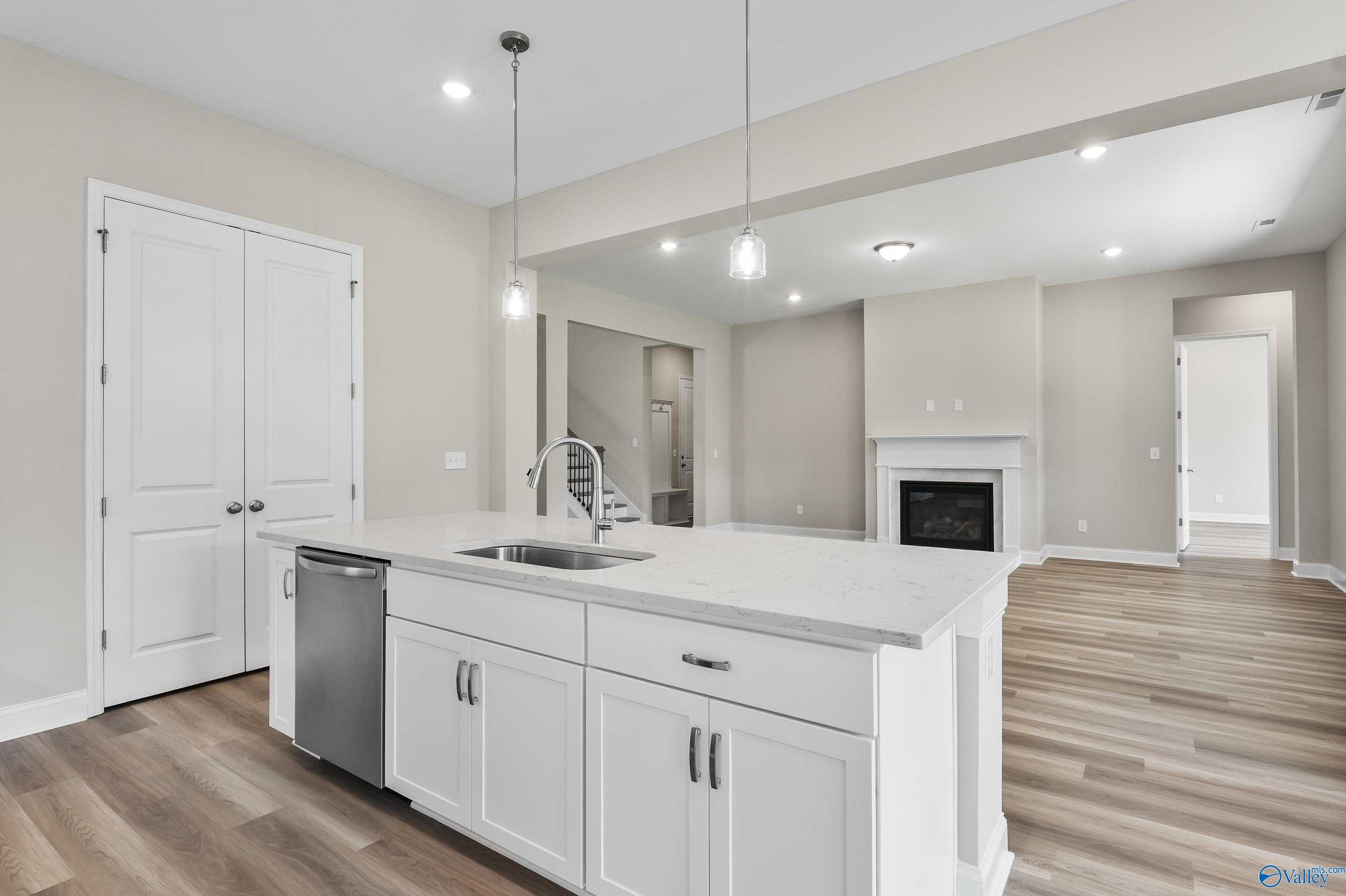 Modern white kitchen island with sink, dishwasher, and open fireplace in The Haven 5-bedroom home by Evermore Homes, Owens Cross Roads, AL