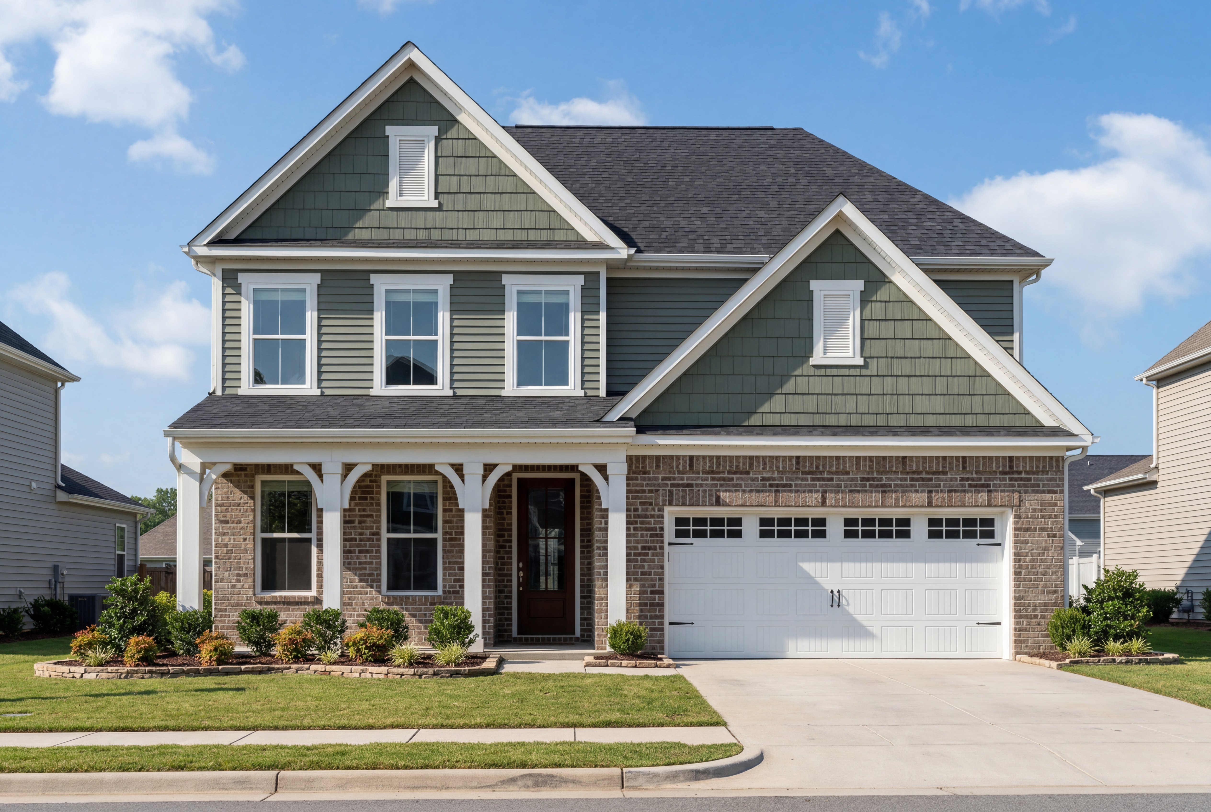 Two-story Ashport L elevation by Davidson Homes in Wendell NC: brick and vinyl exterior, covered porch, two-car garage, lush landscaping
