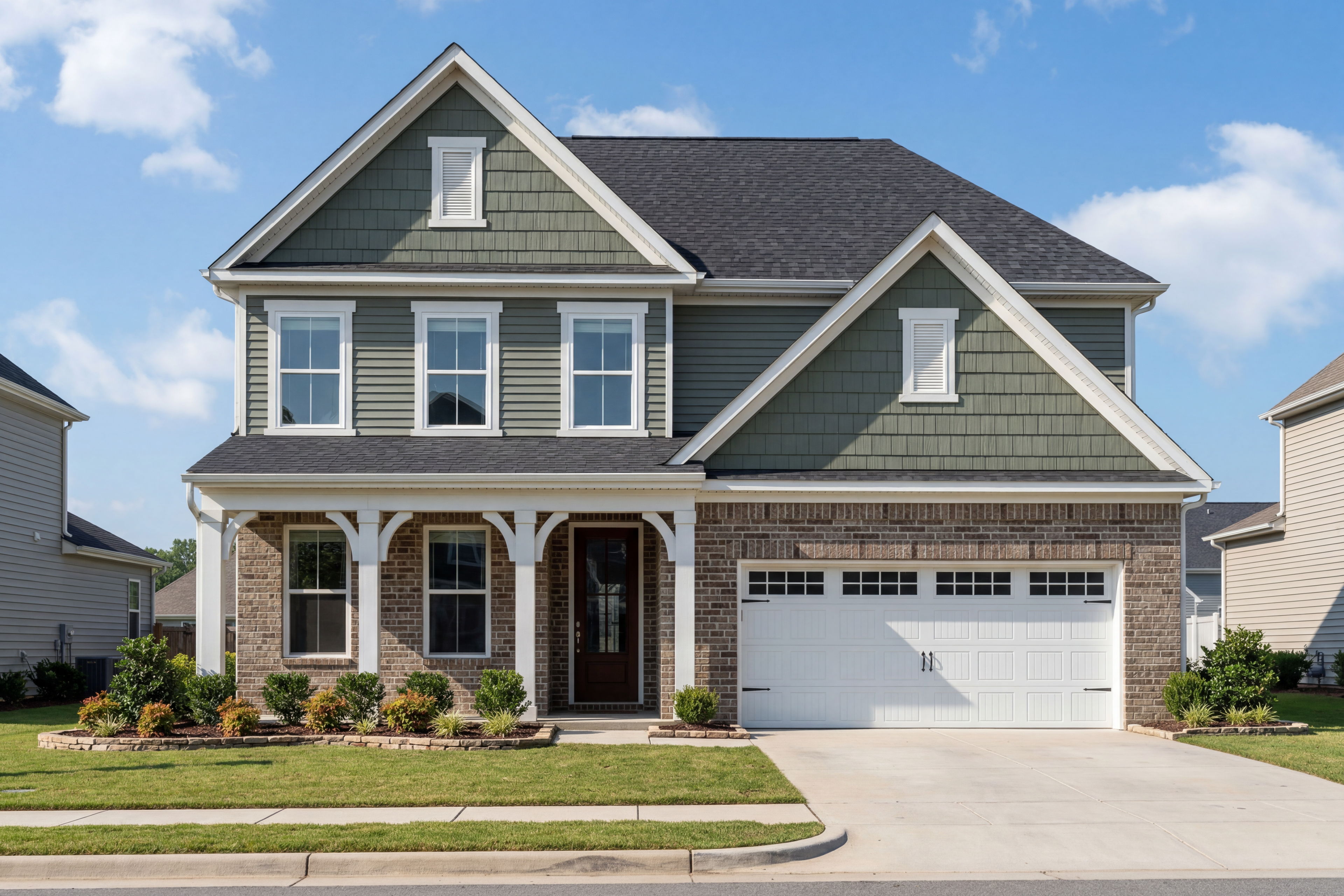 Two-story Ashport L elevation by Davidson Homes in Wendell NC: brick and vinyl exterior, covered porch, two-car garage, lush landscaping