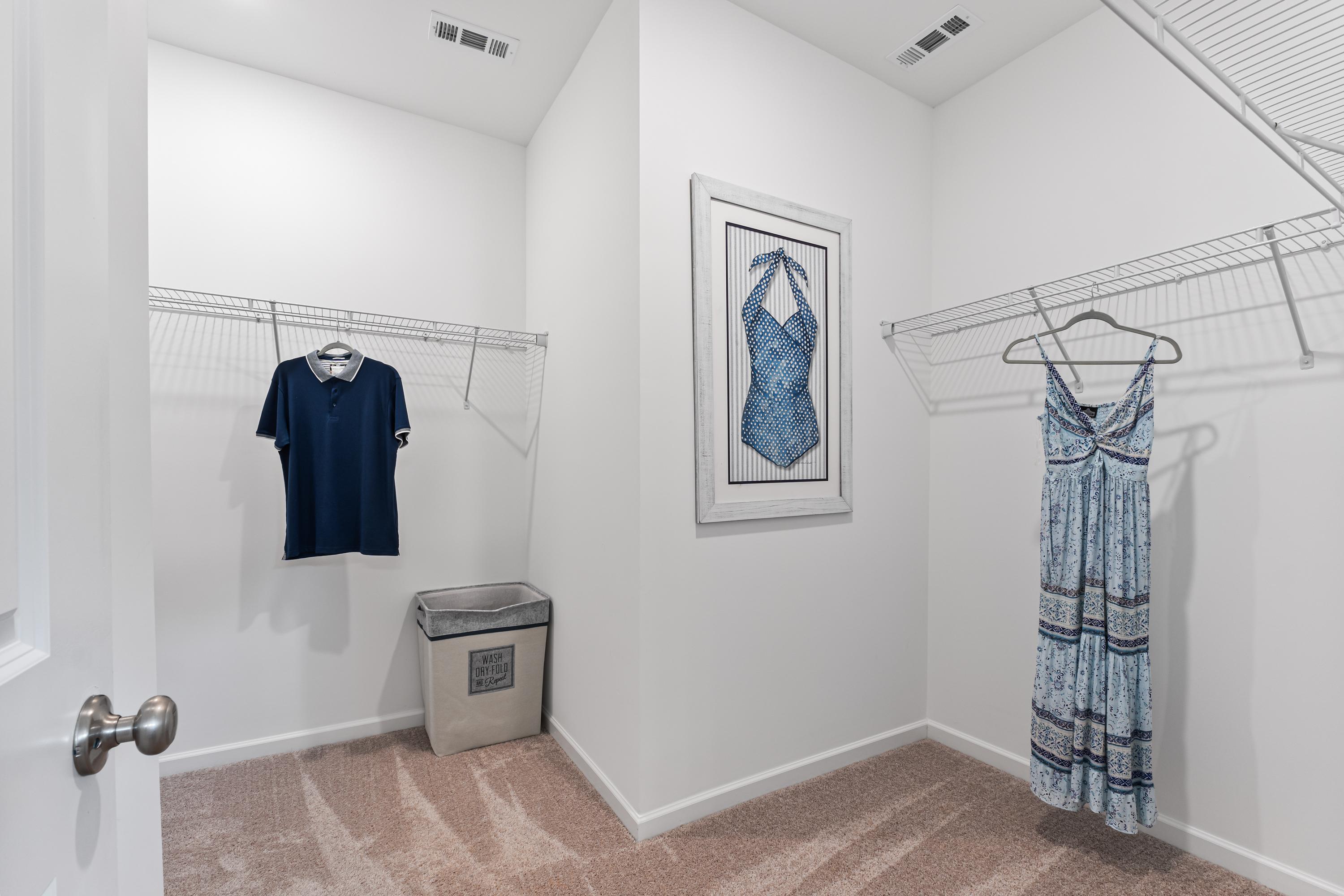 Spacious walk-in closet in Forest Glen home, Hazel Green Alabama with wire shelving, hanging clothes, and framed blue artwork