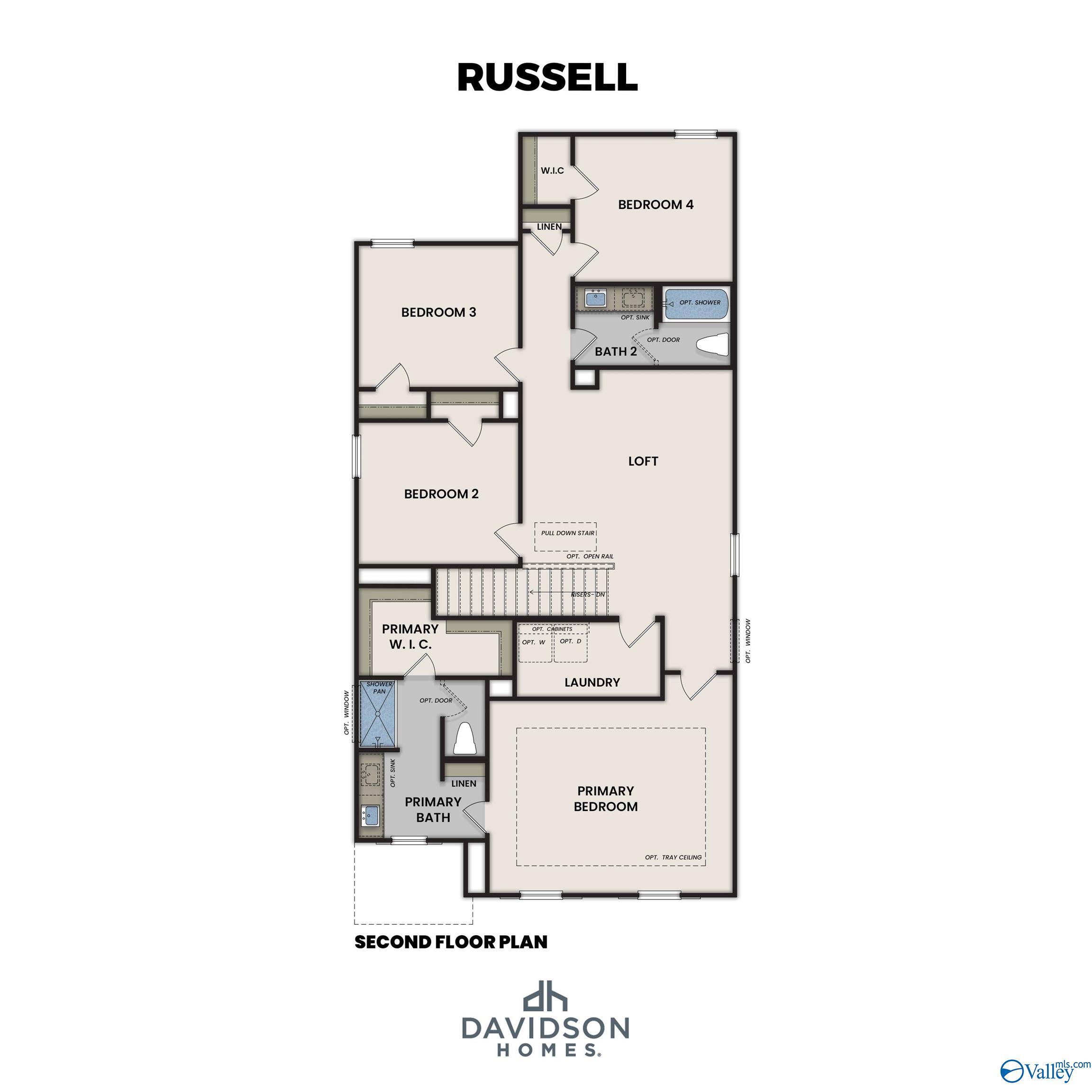 The Russell A floor plan with 4 bedrooms, primary suite, loft, baths, and laundry by Davidson Homes in Huntsville, AL