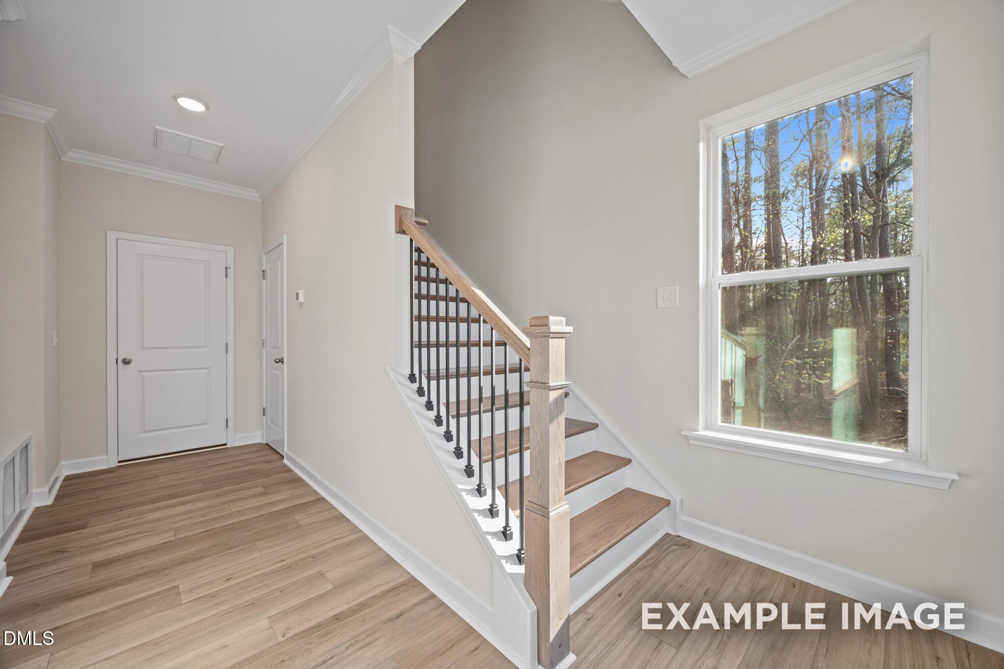 Elegant oak staircase with black metal balusters and large window overlooking woods in The Avery floor plan, Davidson Homes, Knightdale NC