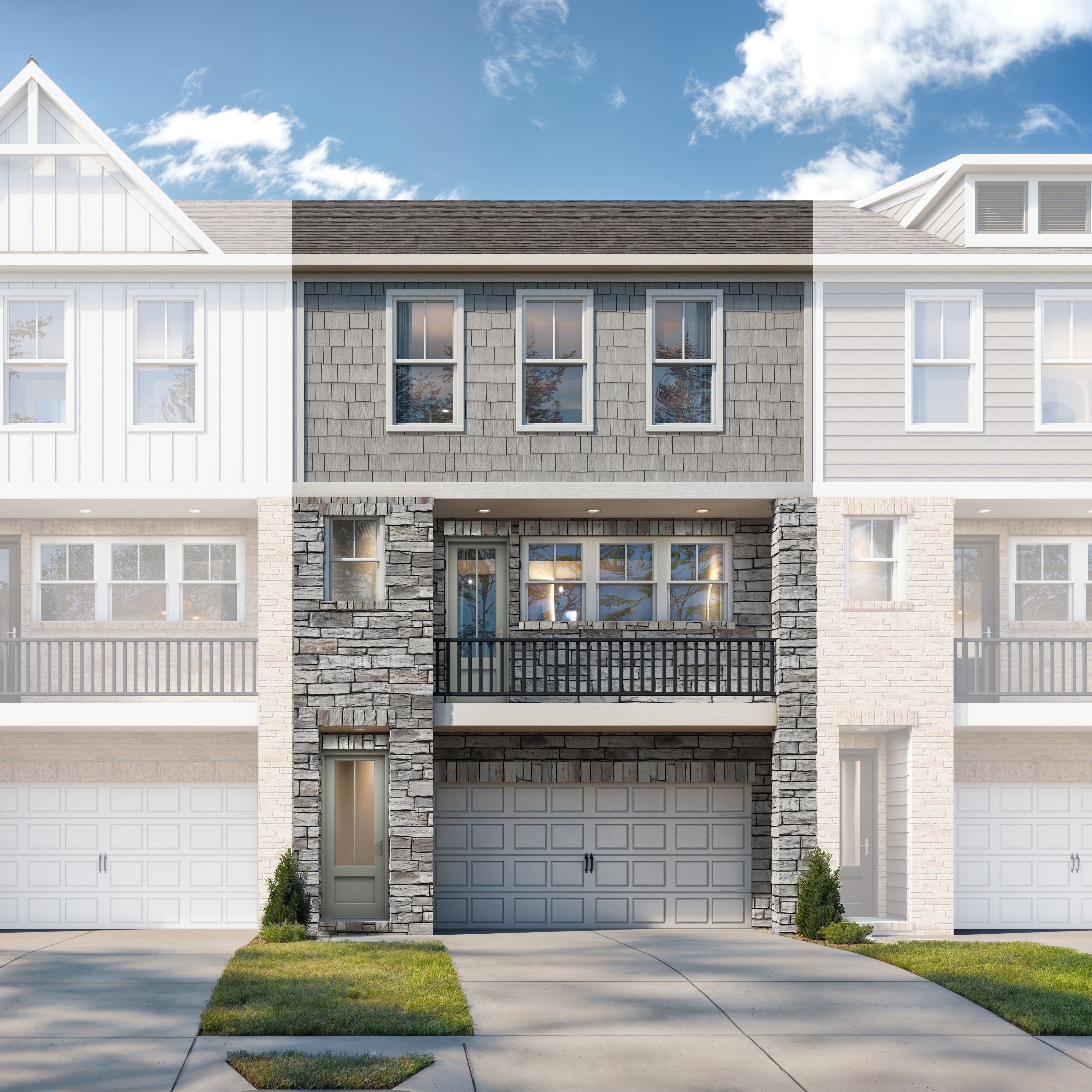 Modern 3-story multi-family townhome elevation of The Lane C with stone accents, gray siding, balcony, 2-car garage, Davidson Homes design