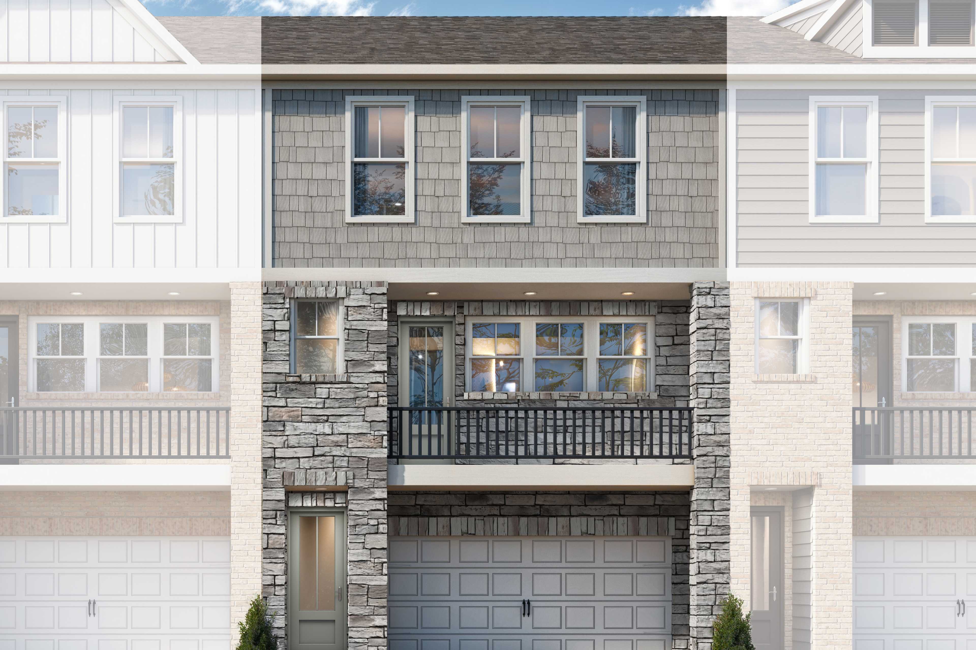 Modern 3-story multi-family townhome elevation of The Lane C with stone accents, gray siding, balcony, 2-car garage, Davidson Homes design