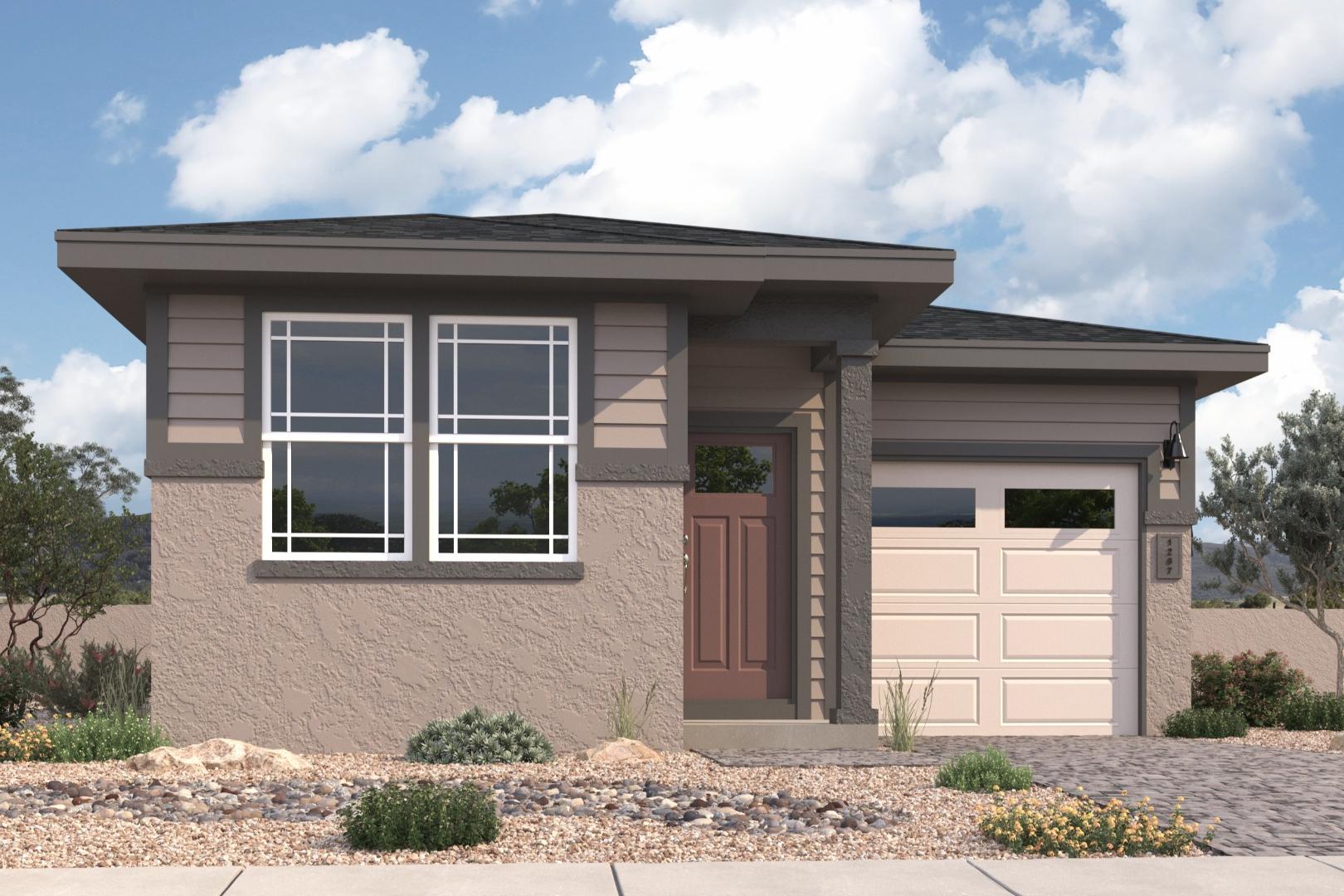 Contemporary Richmond A single-story home exterior by Davidson Homes in Prescott AZ, beige siding, large windows, red door, attached garage, desert landscape