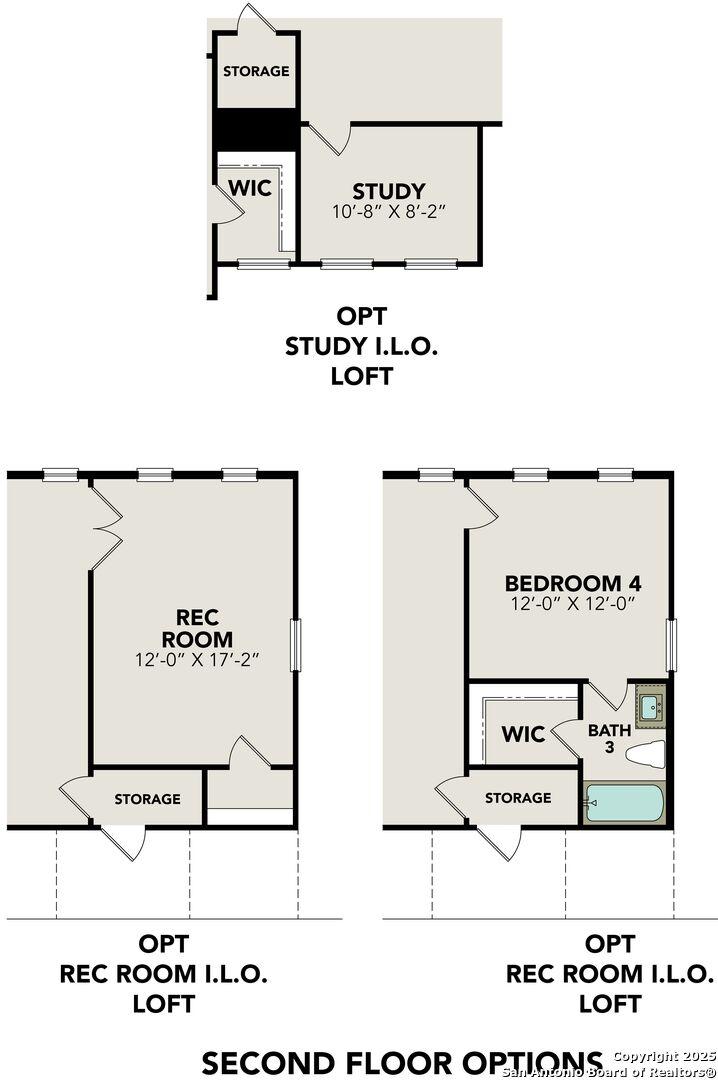 Second floor plan options for The Belmont H: study loft, 12x17 rec room, bedroom 4 with bath in Davidson Homes, Castroville, TX
