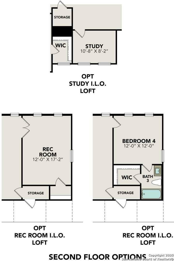 Second floor plan options for The Belmont H: study loft, 12x17 rec room, bedroom 4 with bath in Davidson Homes, Castroville, TX
