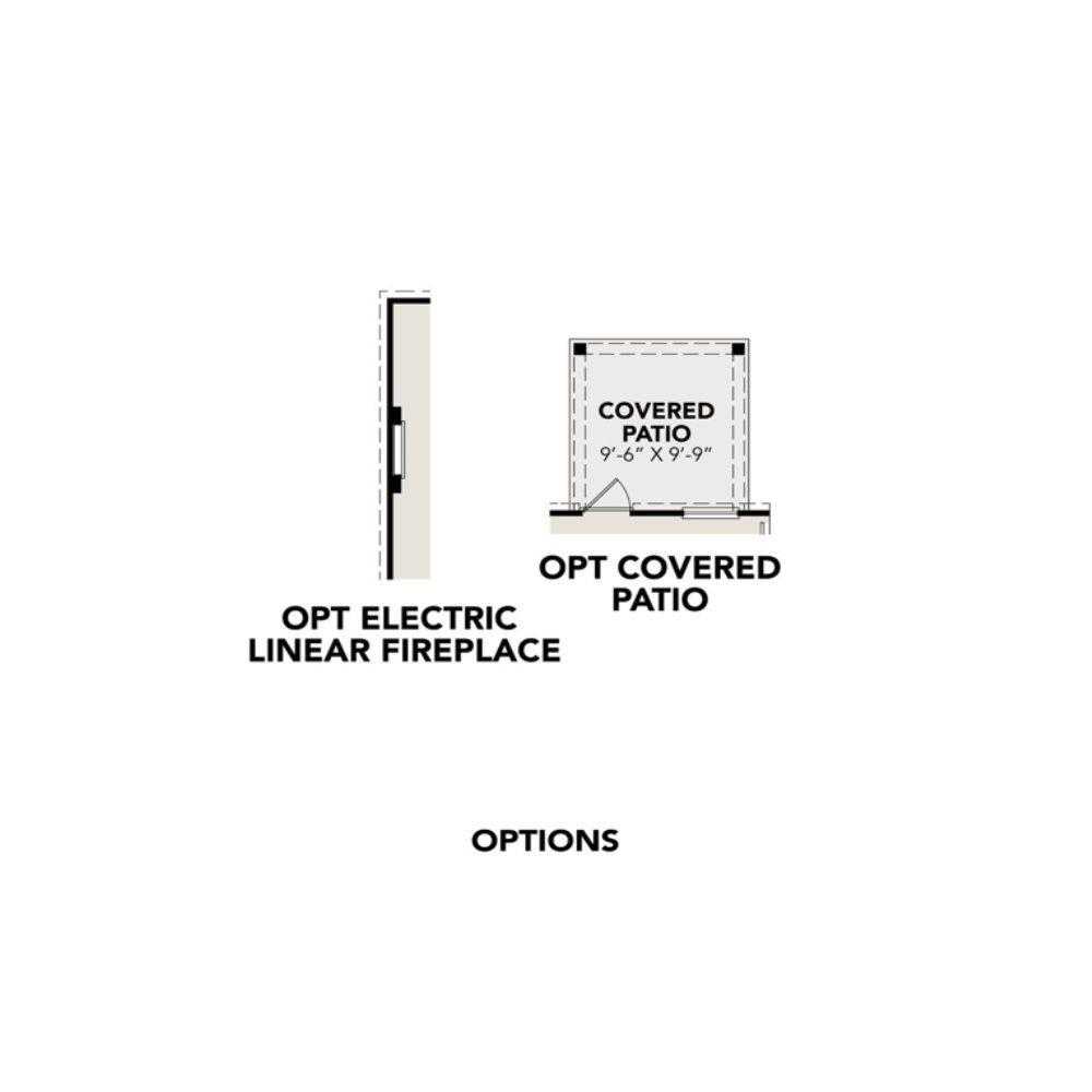 Floor plan options for electric linear fireplace and 9'-6" covered patio in Davidson Homes The Trinity F, Magnolia, Texas