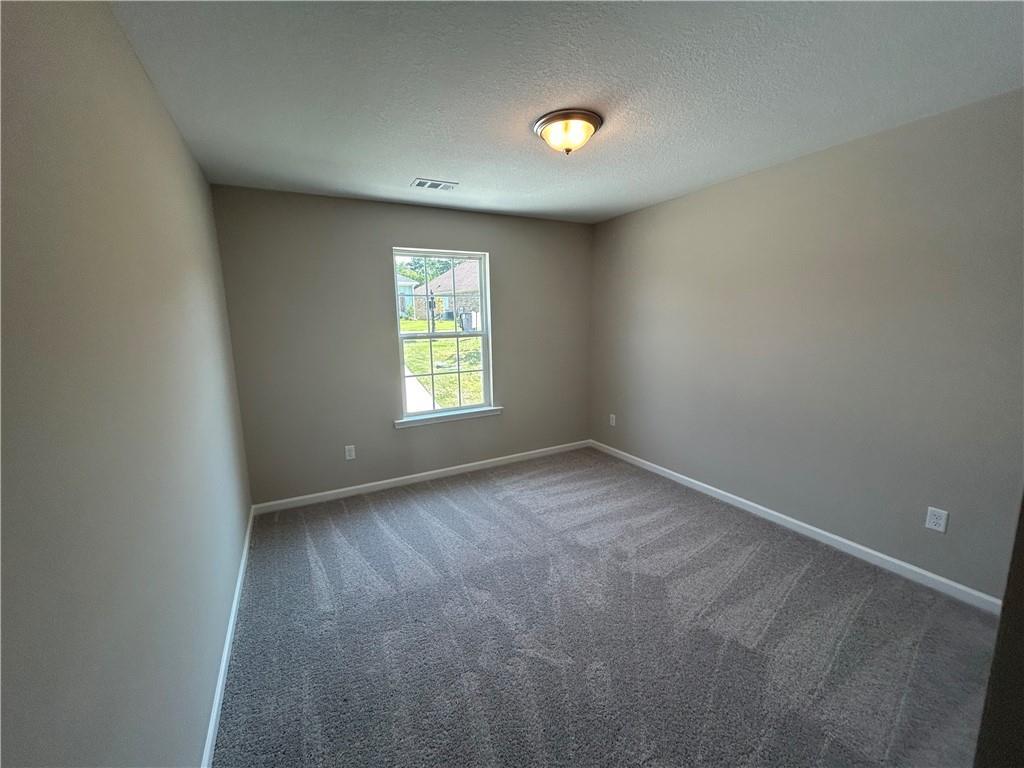 Cozy empty bedroom featuring beige walls, gray carpet, large window with lawn view, and ceiling light in Davidson Homes The Washington, Phenix City, AL