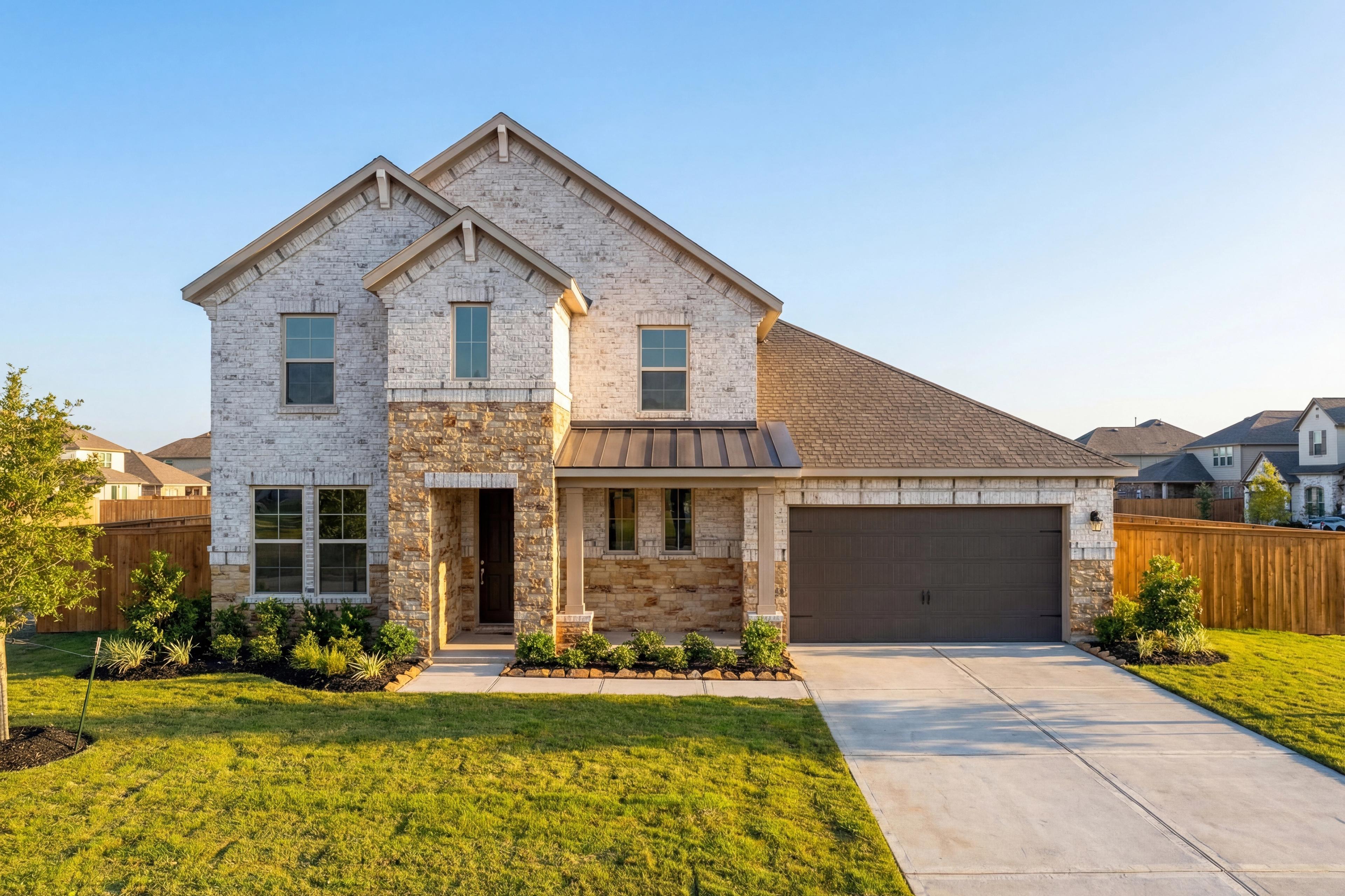 Two-story Philip C home elevation by Davidson Homes in Rosharon, Texas, featuring white brick and stone facade, covered porch, and two-car garage