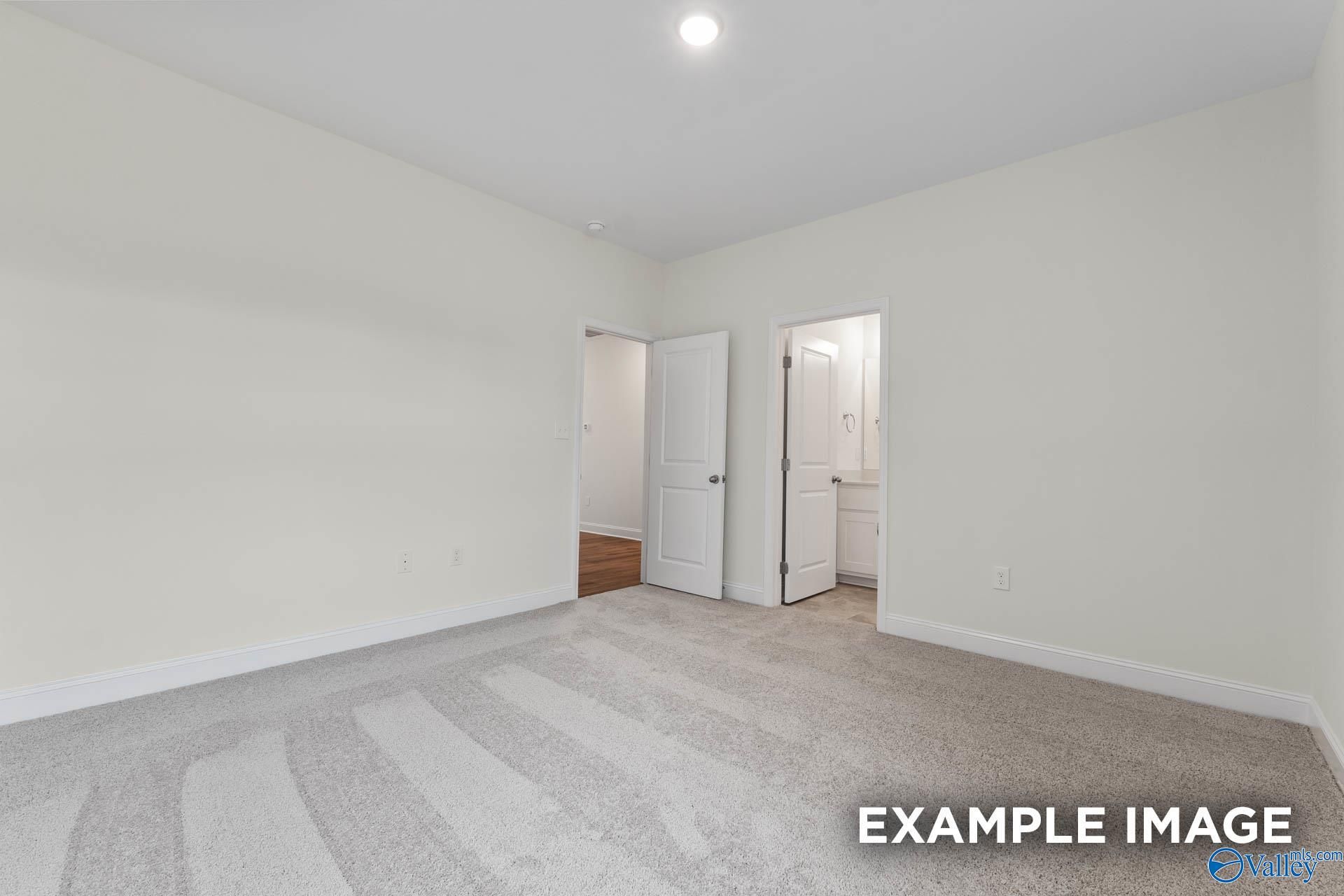 Spacious secondary bedroom with neutral carpet, beige walls, and adjacent bathroom vanity in The Emory home, Toney, Alabama