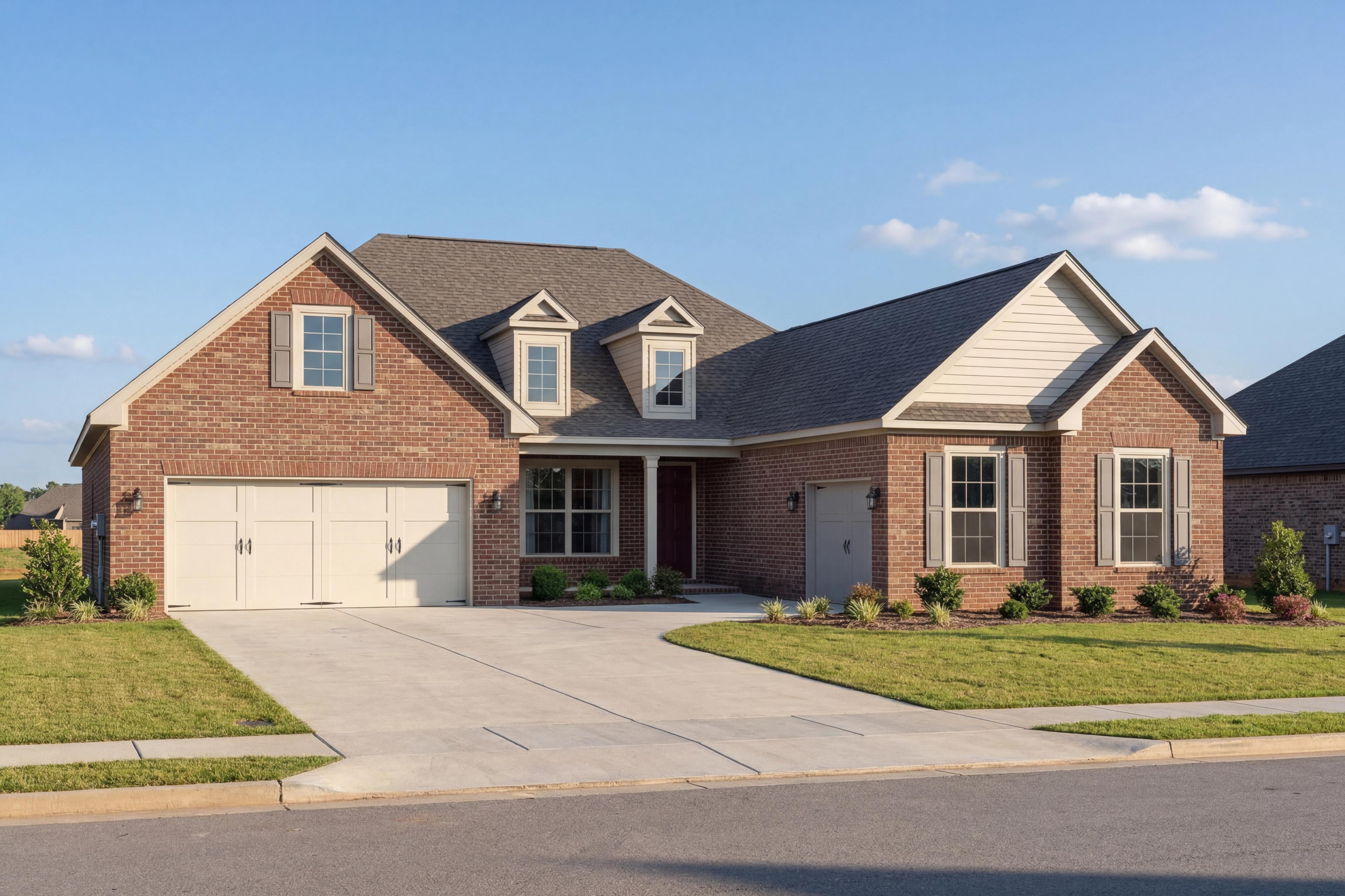 Brick exterior of The Valencia 4-bedroom single-family home with 3-car garage, gabled roof, and landscaped driveway in Meridianville