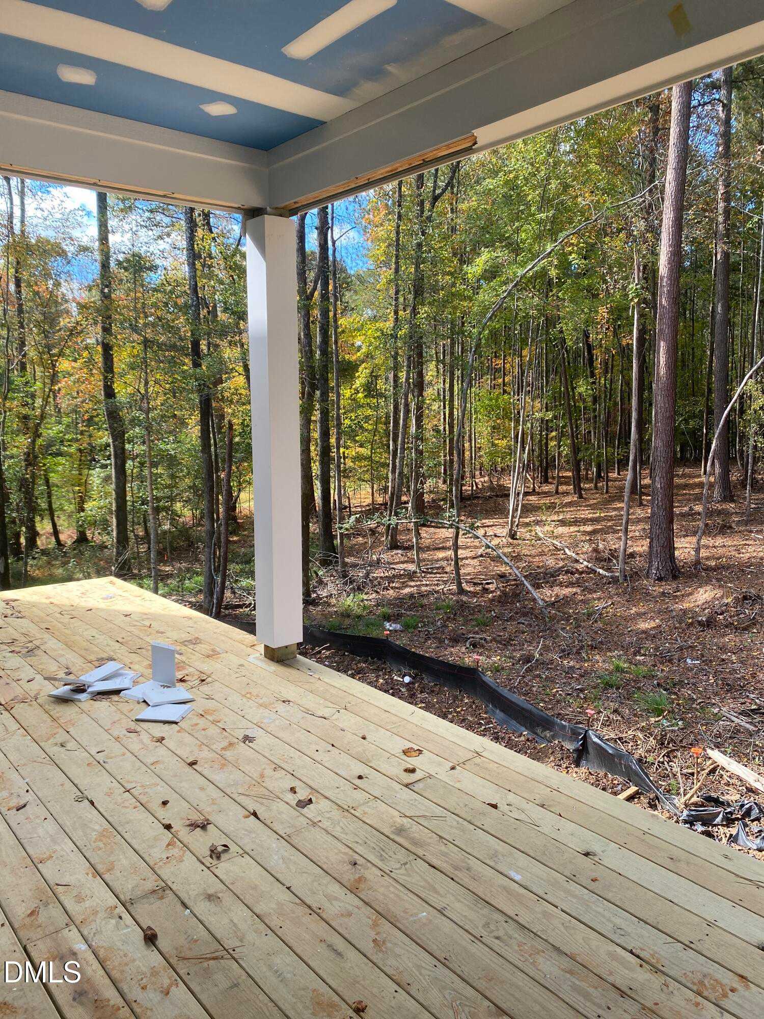 Expansive wooden back deck with blue ceiling and white posts overlooking autumn forest in Davidson Homes The Beech B, Raleigh, NC