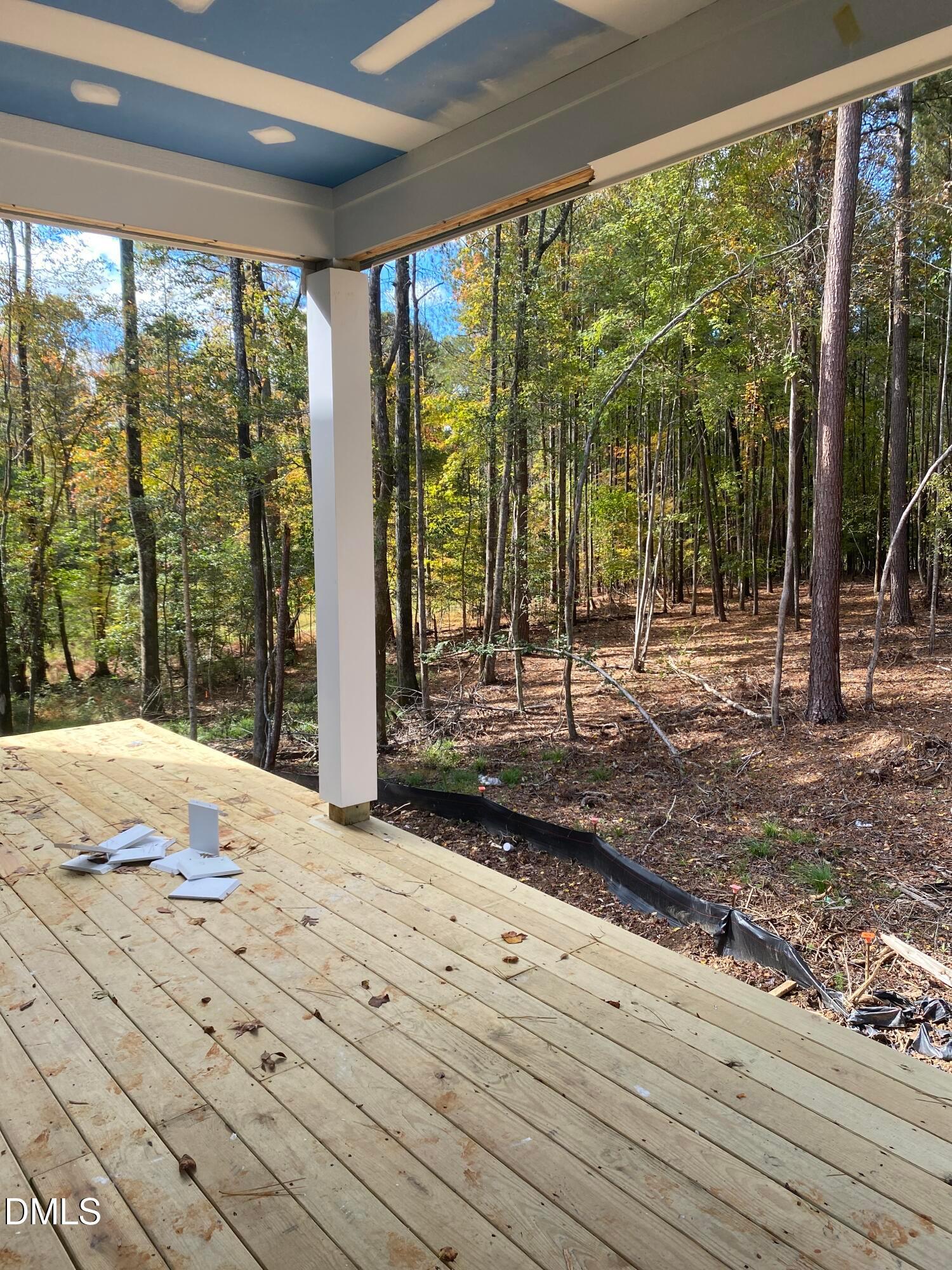 Expansive wooden back deck with blue ceiling and white posts overlooking autumn forest in Davidson Homes The Beech B, Raleigh, NC