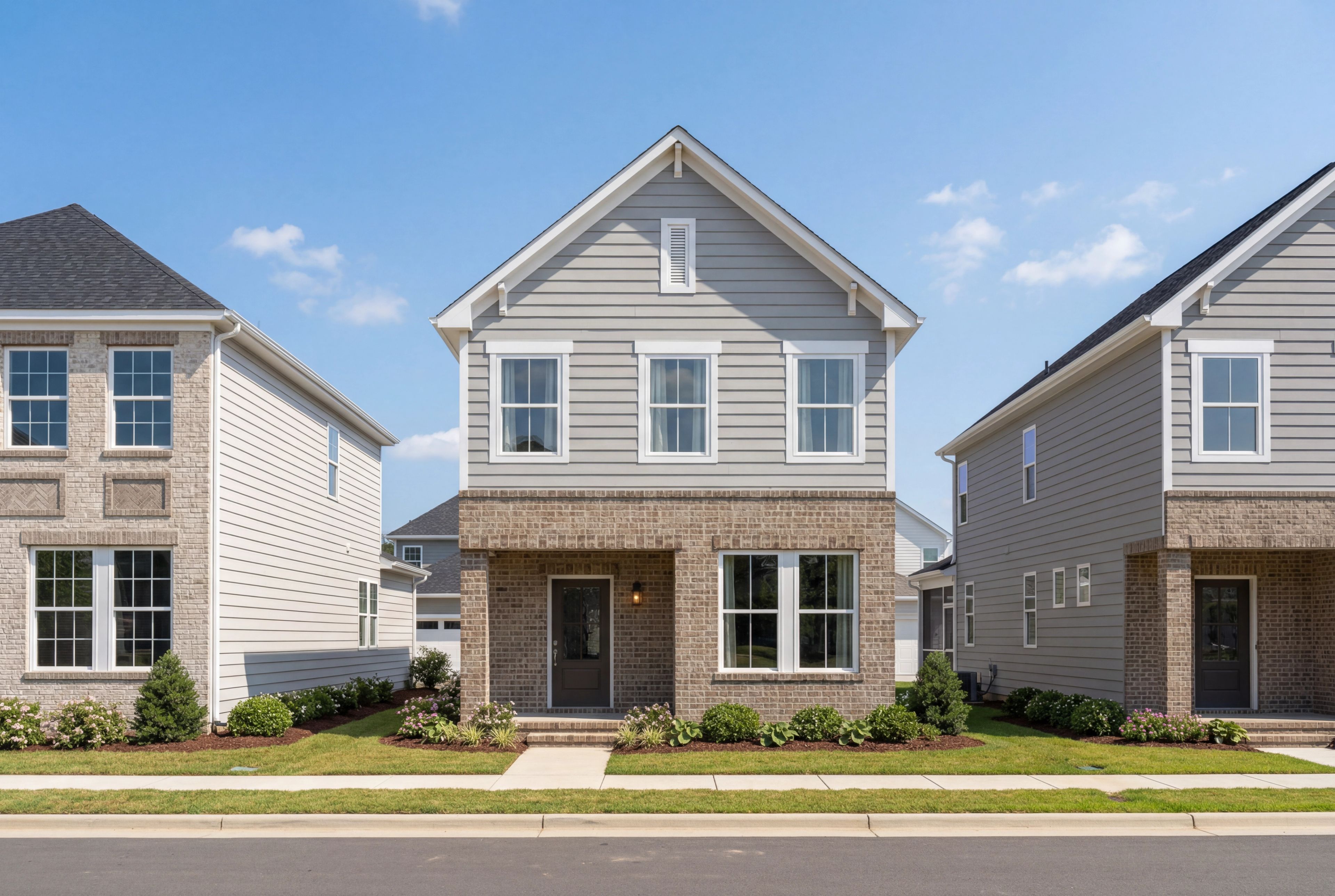 Modern 2-story Alexander home elevation with gray siding, brick base, covered porch and manicured lawn in Knightdale, NC